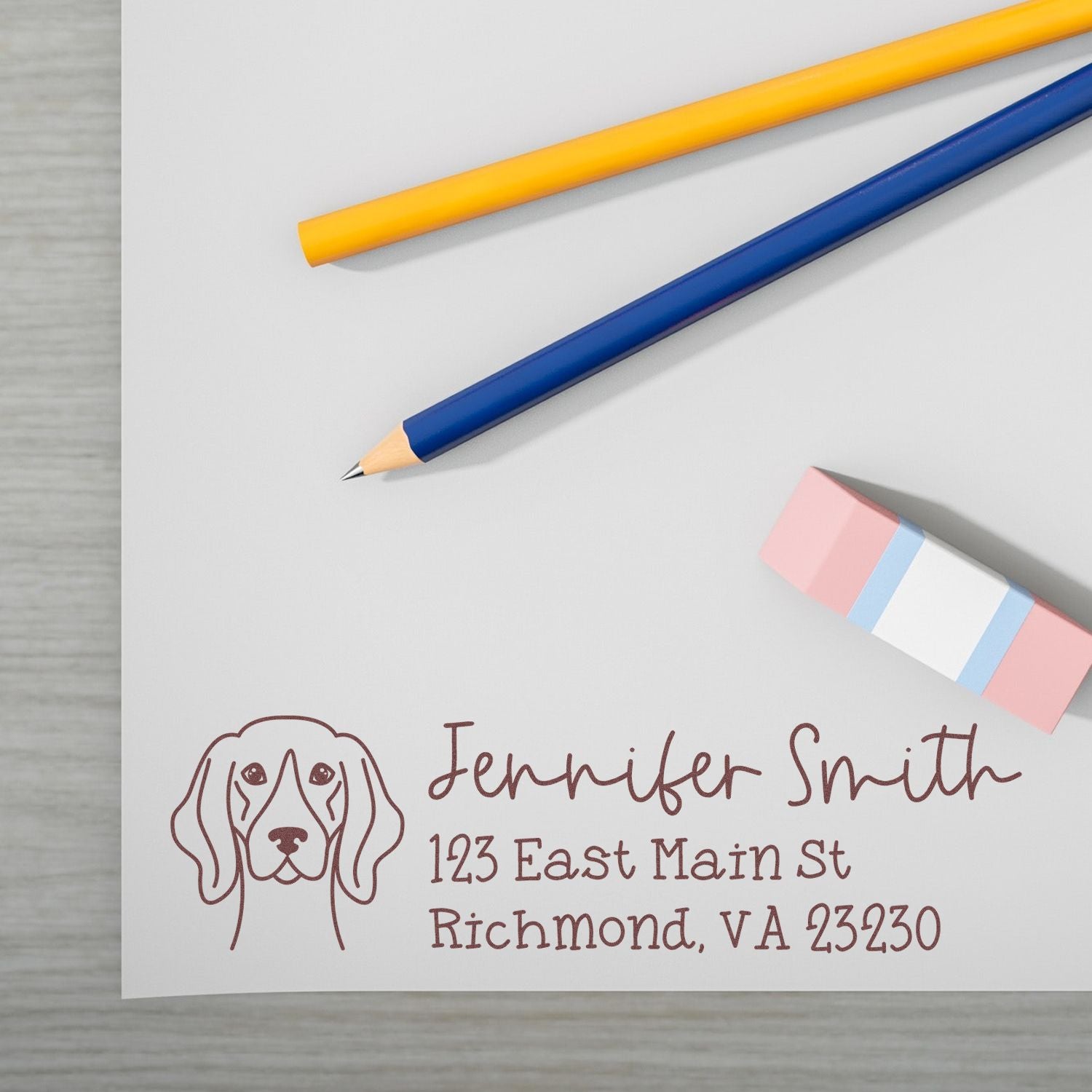 Custom rubber address stamp with dog illustration for Jennifer Smith, Richmond VA 23230.