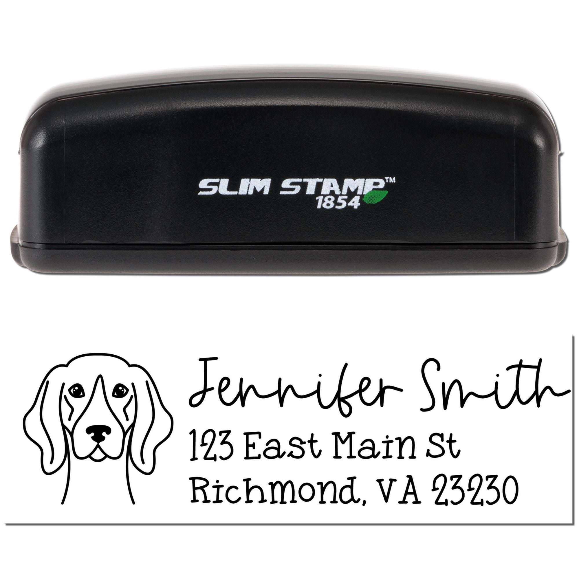 Custom self-inking Slim Stamp rubber stamp for Jennifer Smith with dog logo and address, Richmond VA 23230.
