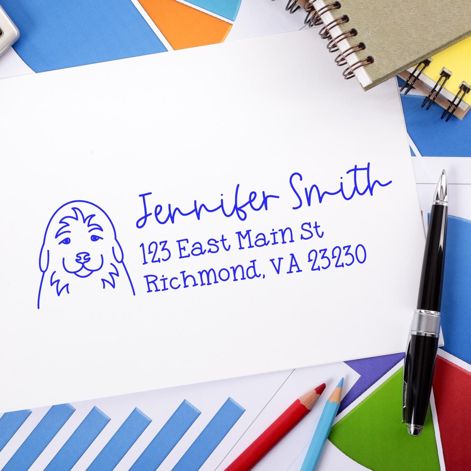 Custom return address rubber stamp with dog logo, showing Jennifer Smith, 123 East Main St, Richmond, VA 23230.
