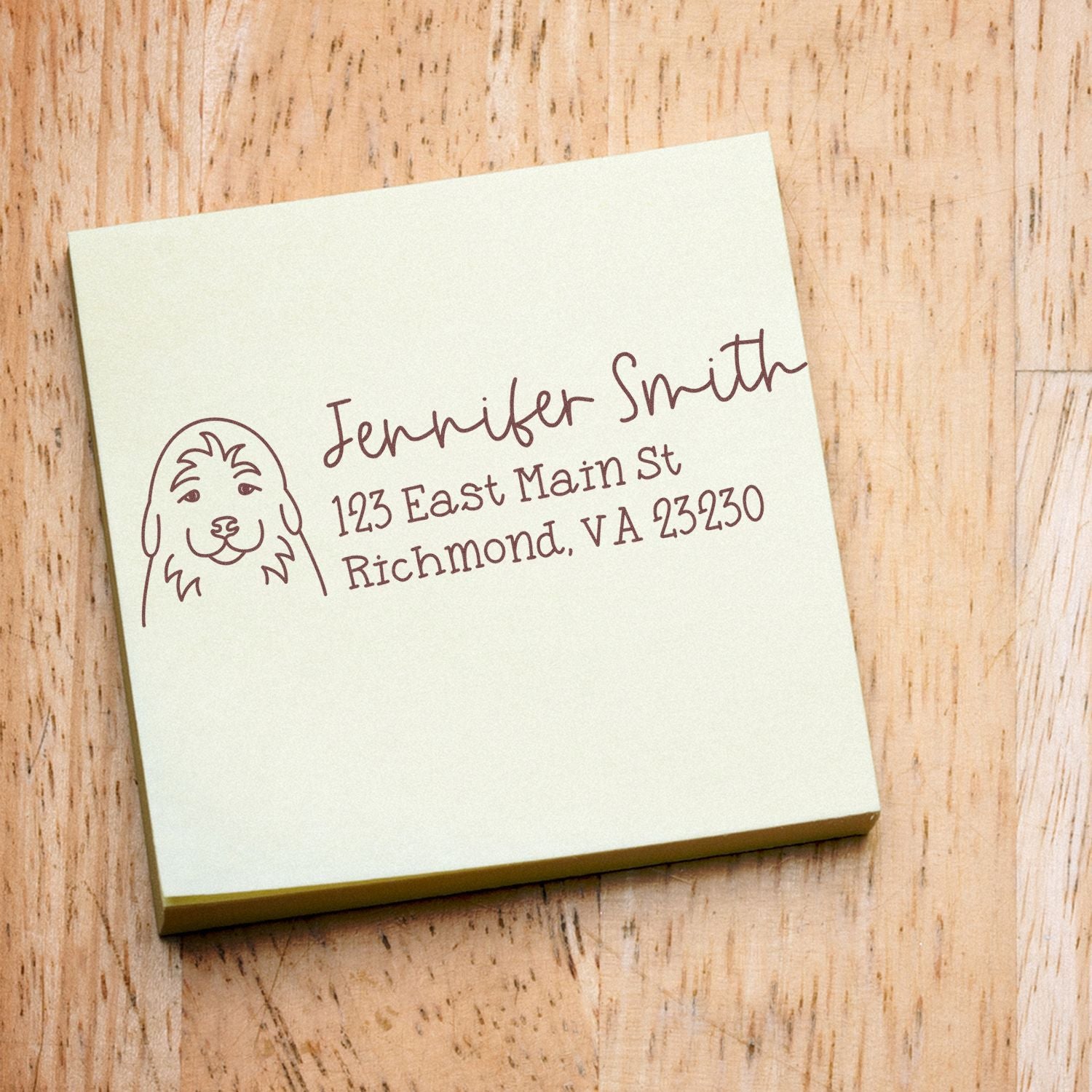 Custom dog return address rubber stamp with name and mailing address for personalized stationery and envelopes.