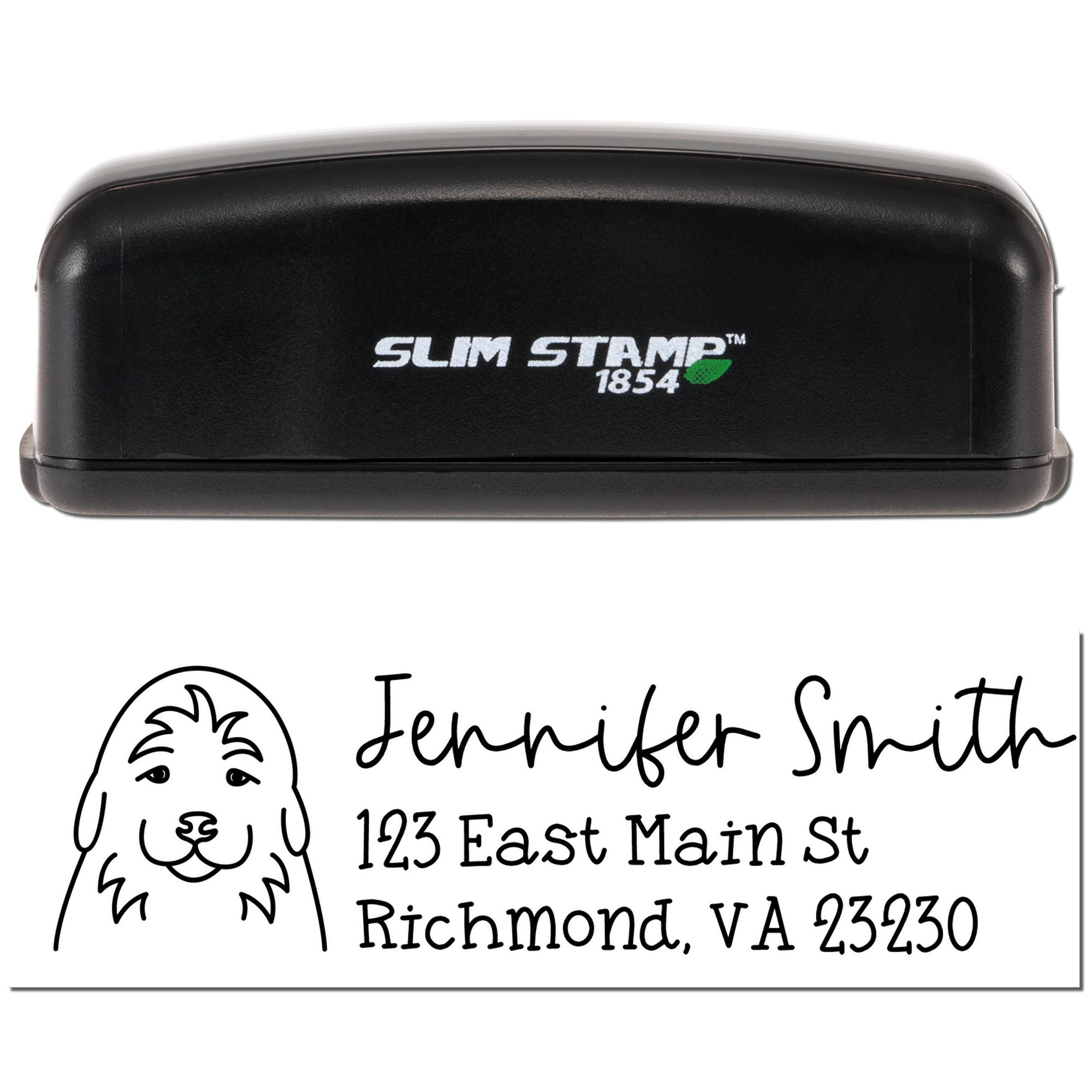 Custom Slim Stamp 1854 self-inking rubber address stamp with dog logo, Jennifer Smith name, and Richmond, VA address.