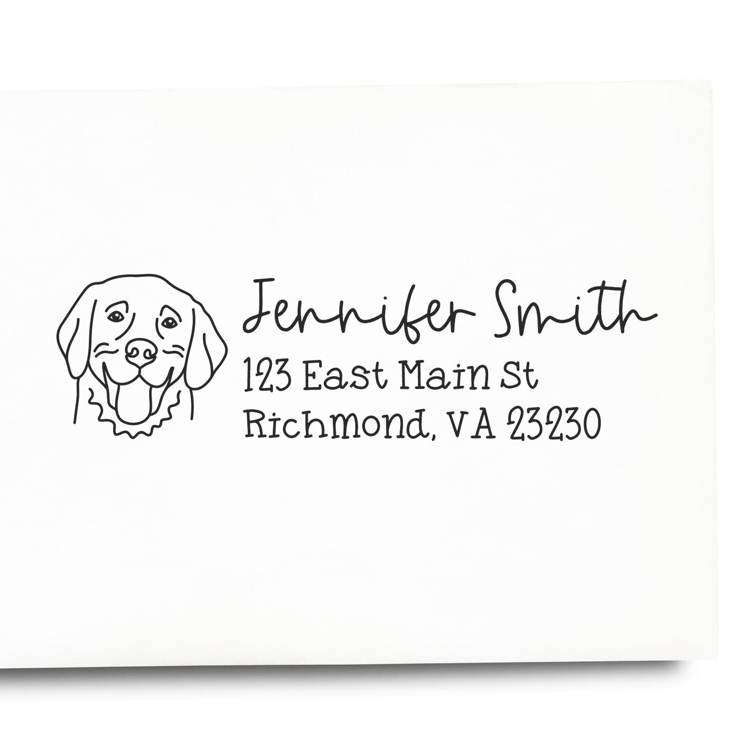 Custom dog return address rubber stamp with name and Richmond, VA address for personalized mailing.