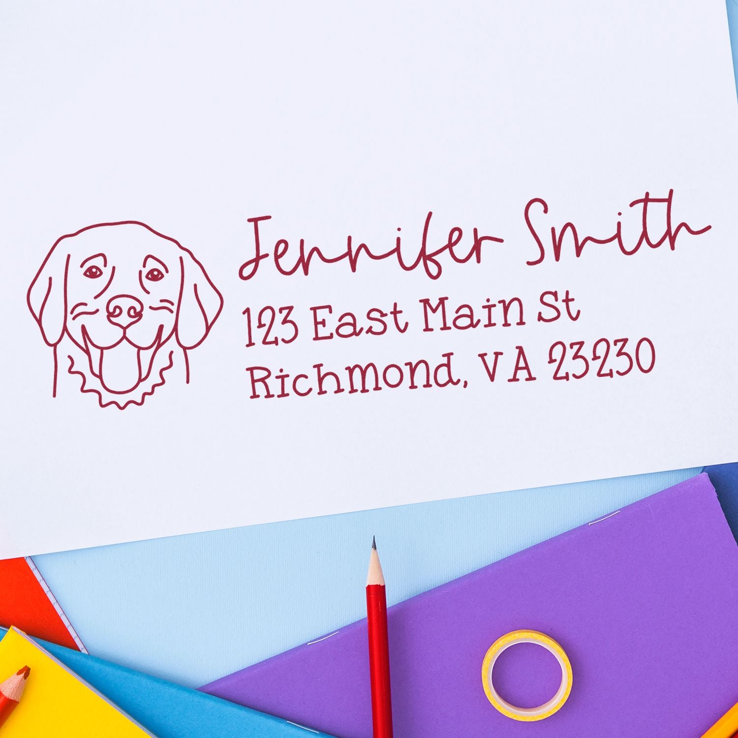 Custom dog return address rubber stamp for Jennifer Smith, Richmond, VA, printed on paper with colorful stationery.