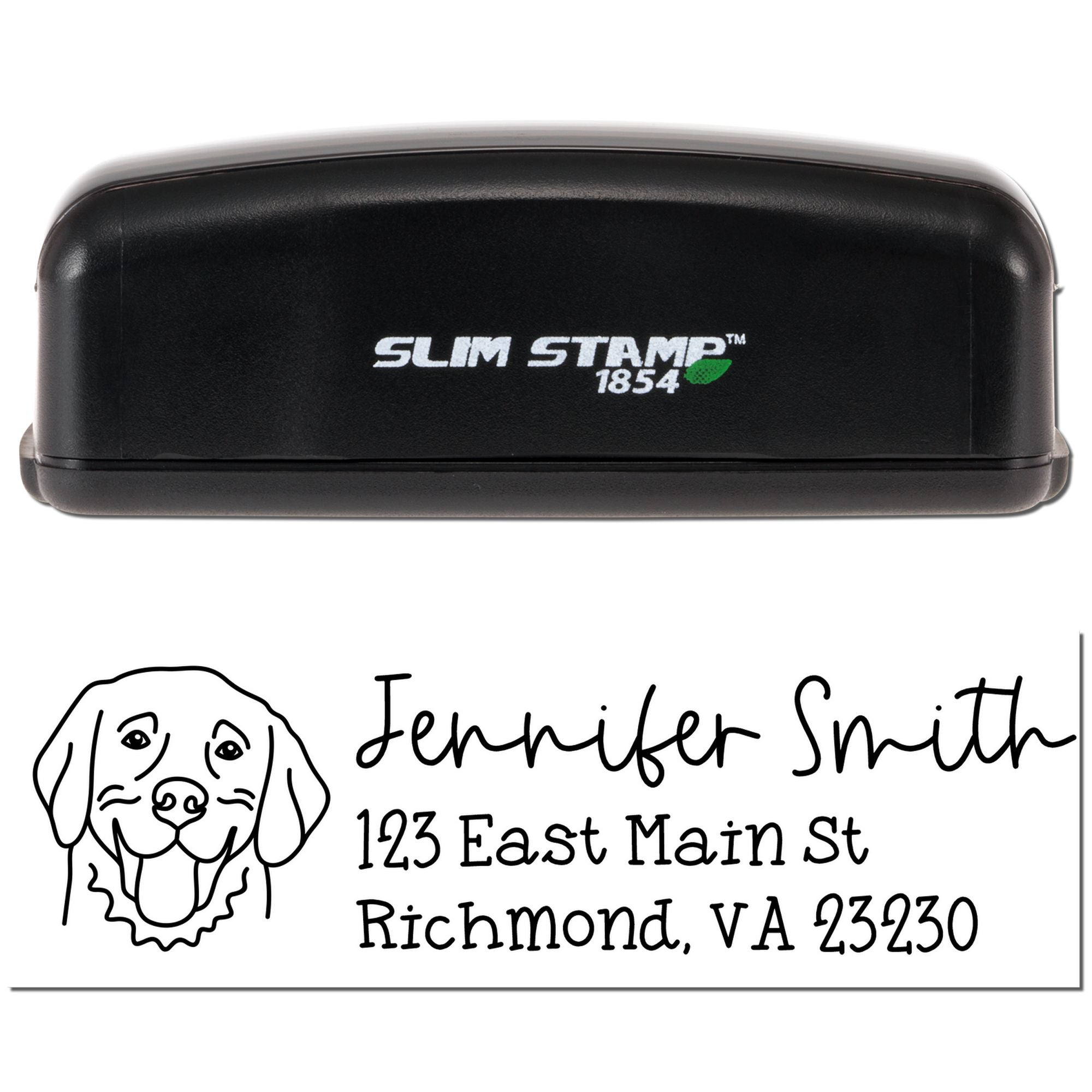 Slim Stamp 1854 custom self-inking address rubber stamp with dog logo and Jennifer Smith return address