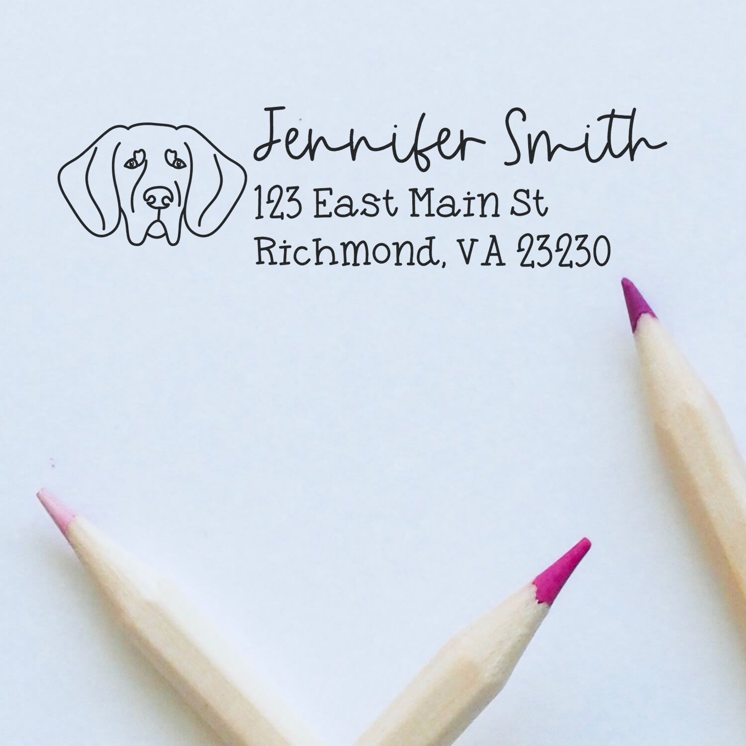 Custom dog address rubber stamp featuring pet portrait, Jennifer Smith, Richmond, VA 23230.