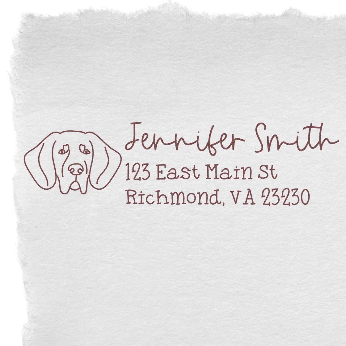 Custom dog return address rubber stamp for Jennifer Smith, featuring a dog icon and Richmond, VA mailing address.