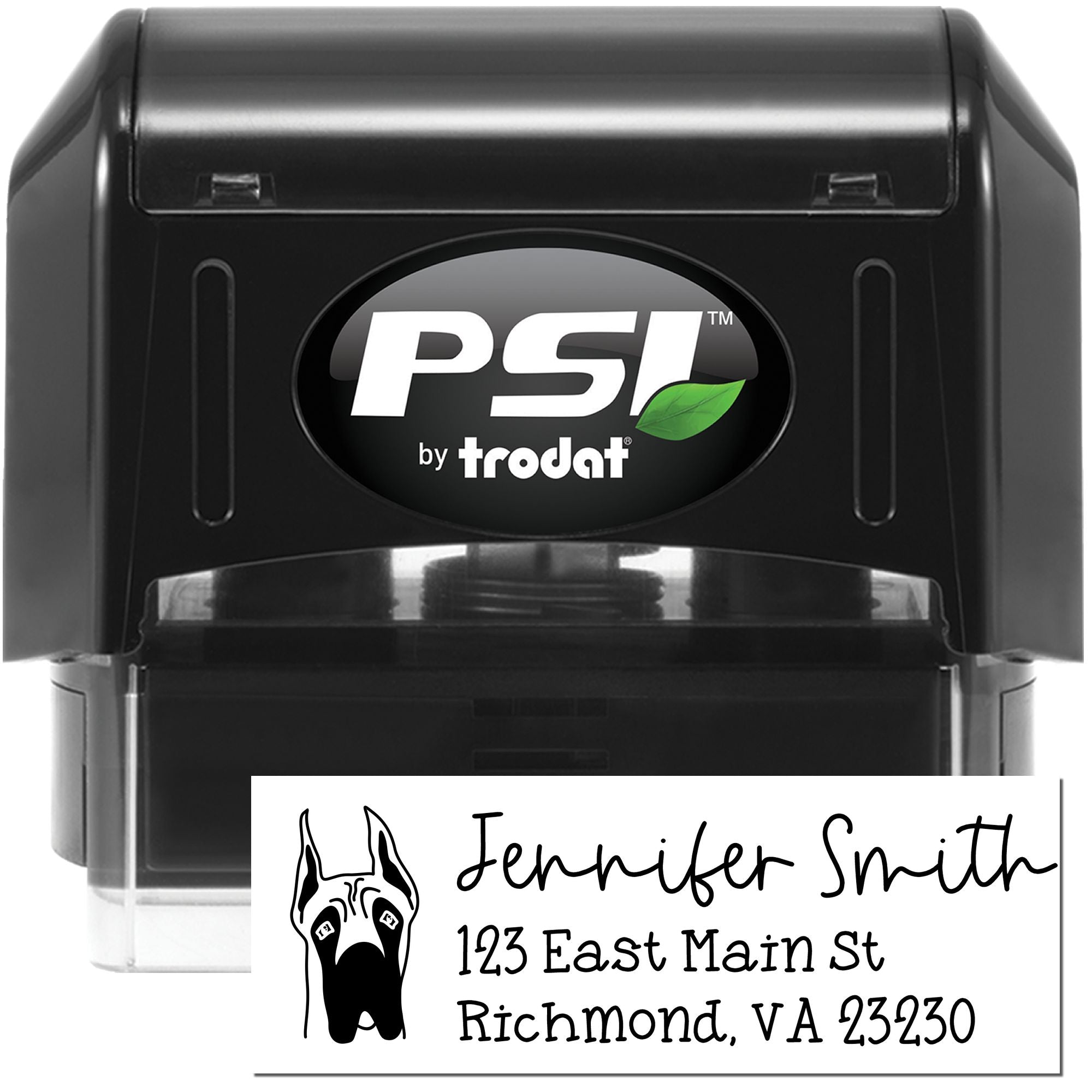 PSI by Trodat self-inking rubber stamp for custom address labels with dog logo and Jennifer Smith imprint