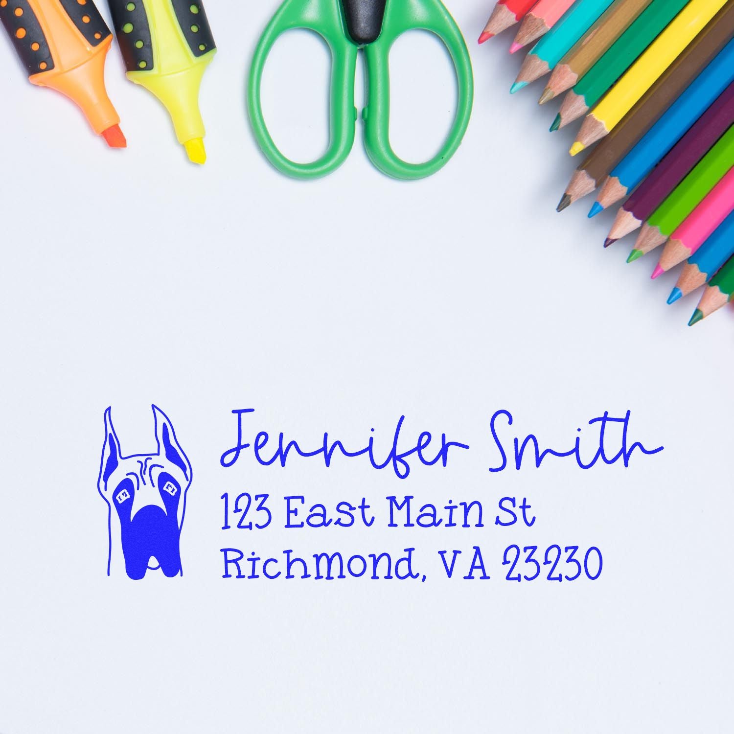 Personalized rubber address stamp with dog logo, Jennifer Smith name, and Richmond, VA return address.