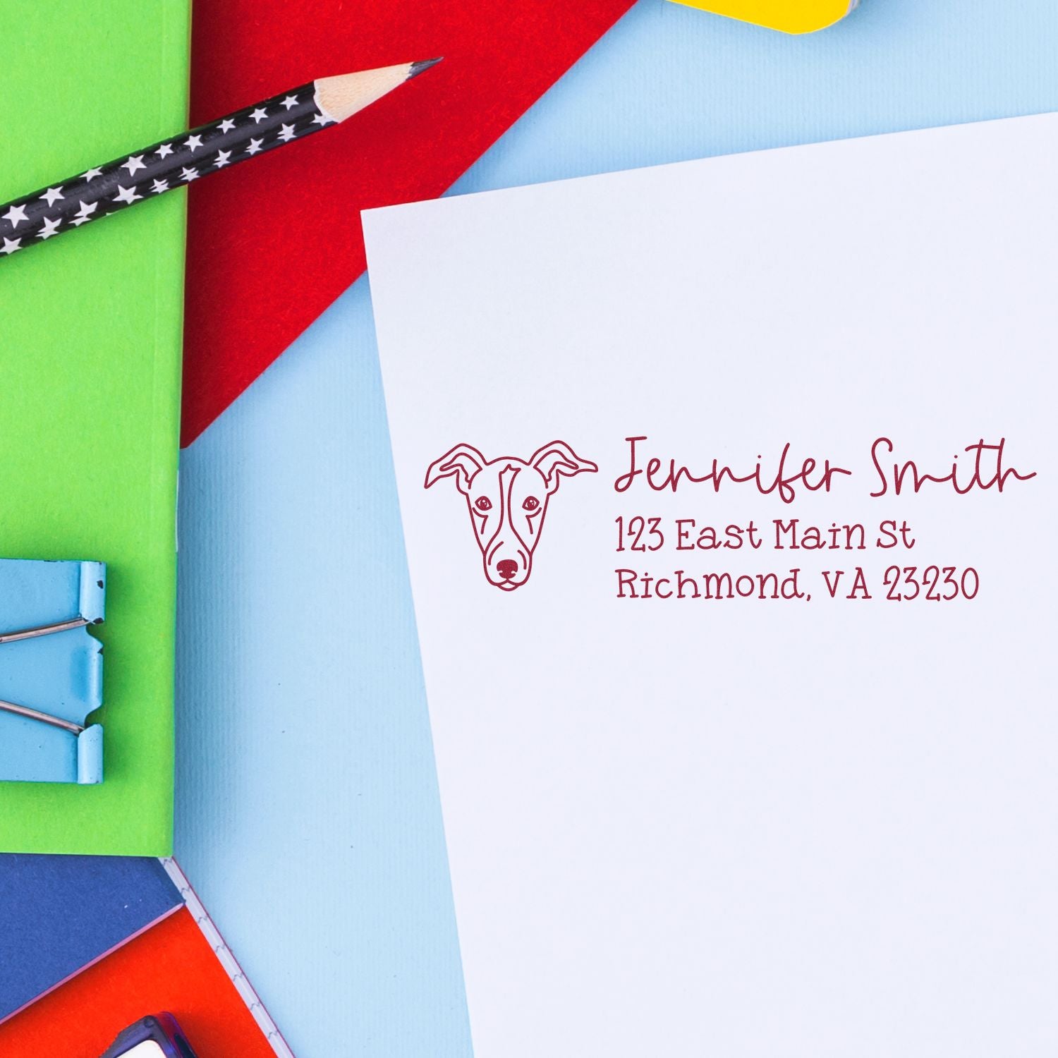 Custom dog address rubber stamp on envelope with Jennifer Smith name and Richmond, VA address.