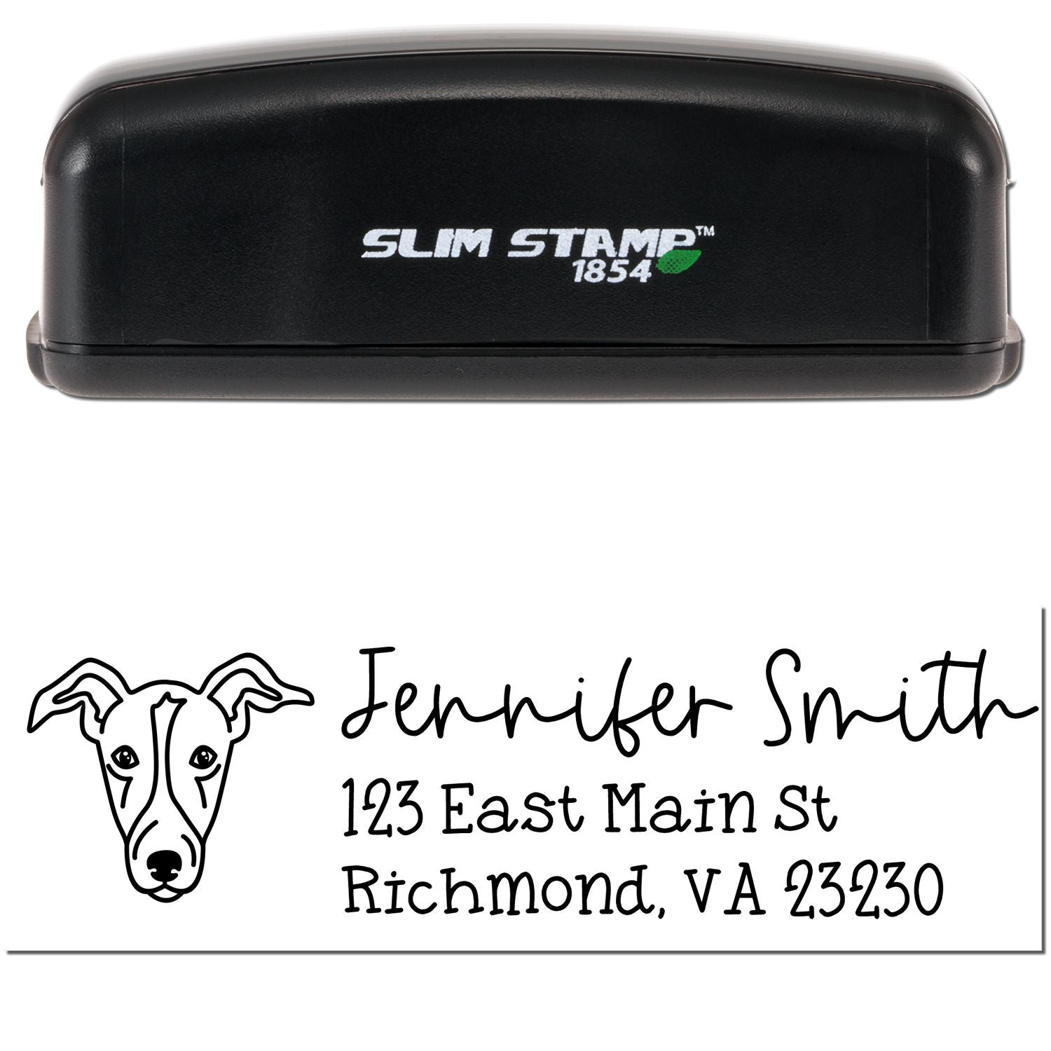 Custom self-inking Slim Stamp 1854 rubber stamp with dog logo, personalized Jennifer Smith return address, Richmond VA 23230.