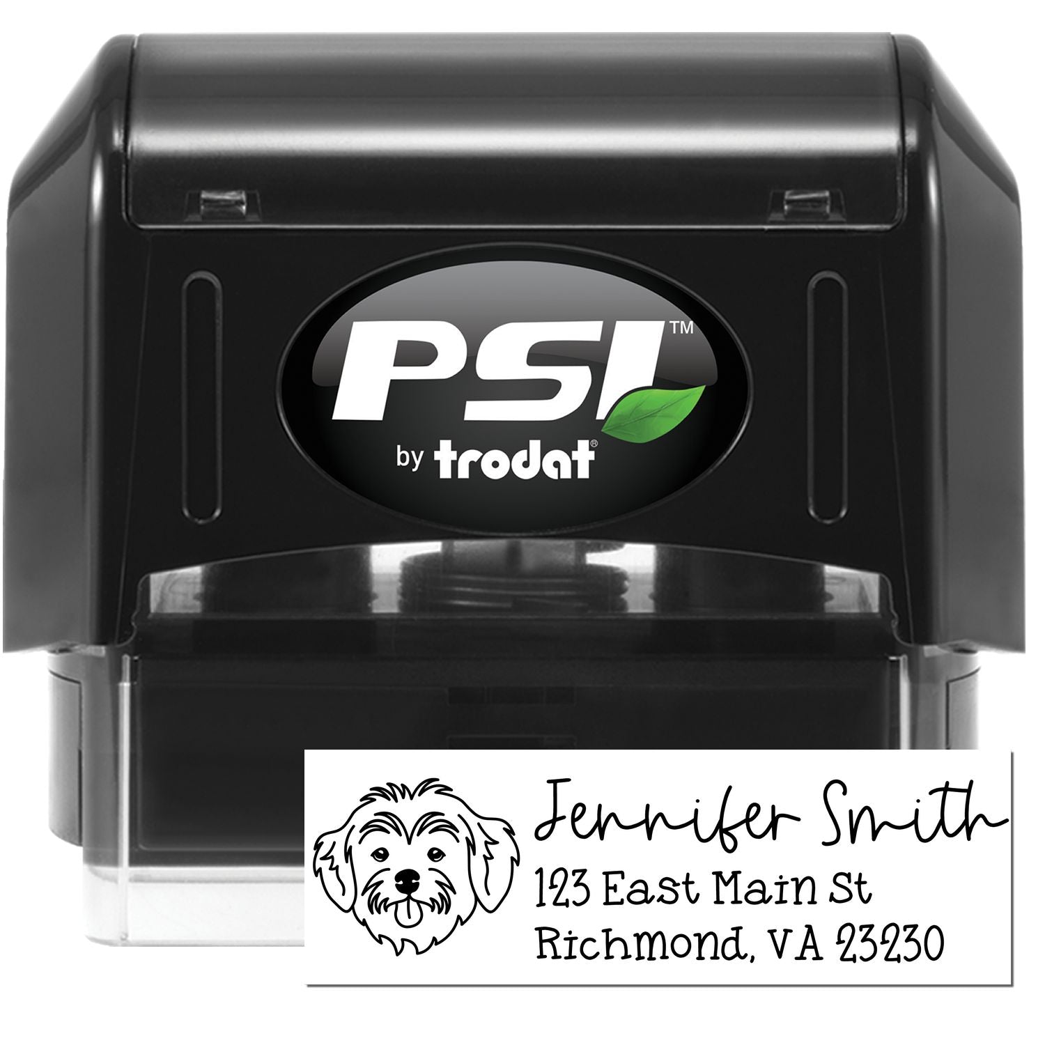 PSI by Trodat self-inking rubber address stamp with custom dog logo, Jennifer Smith name, and Richmond VA address