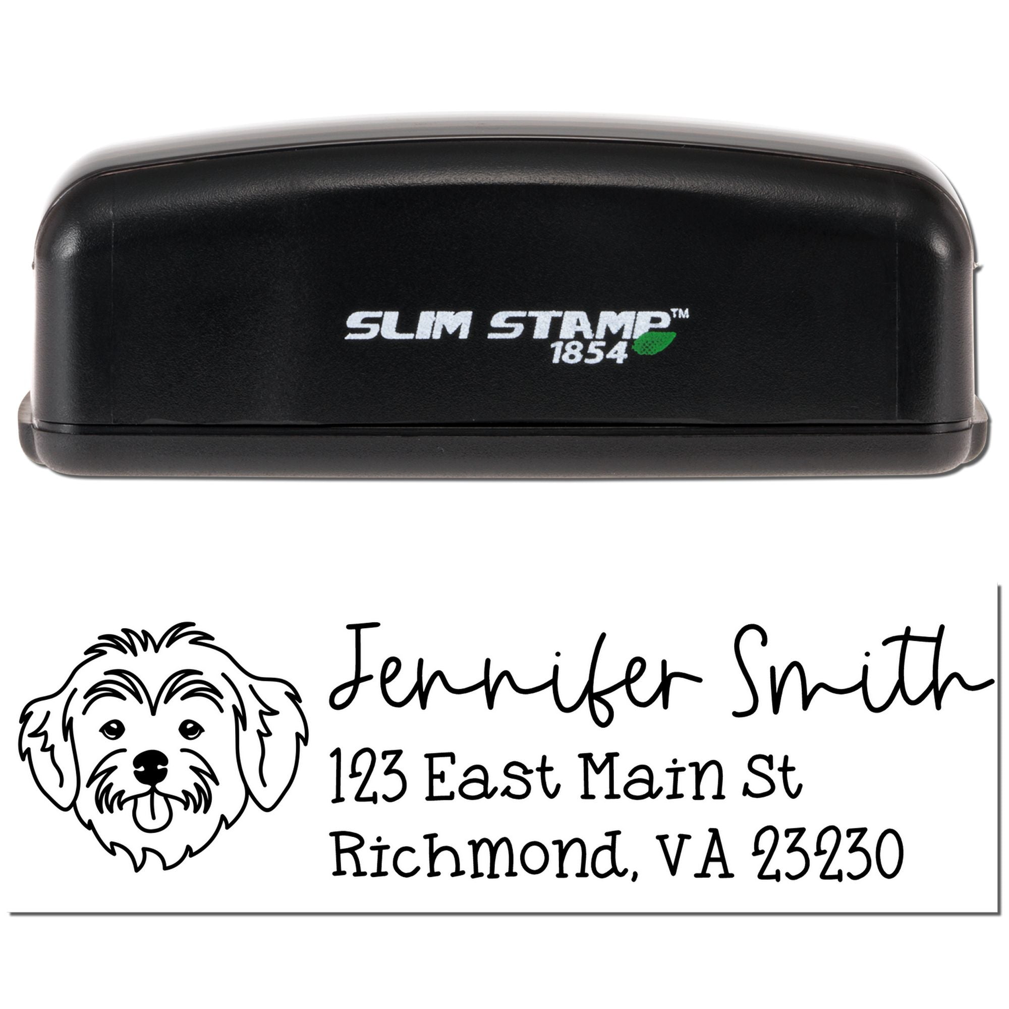 Custom self-inking rubber address stamp with dog logo, shown on Slim Stamp 1854 with Jennifer Smith imprint.