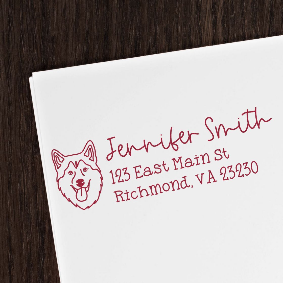 Custom return address rubber stamp with dog icon for Jennifer Smith, Richmond VA, ideal for personalized mailing.