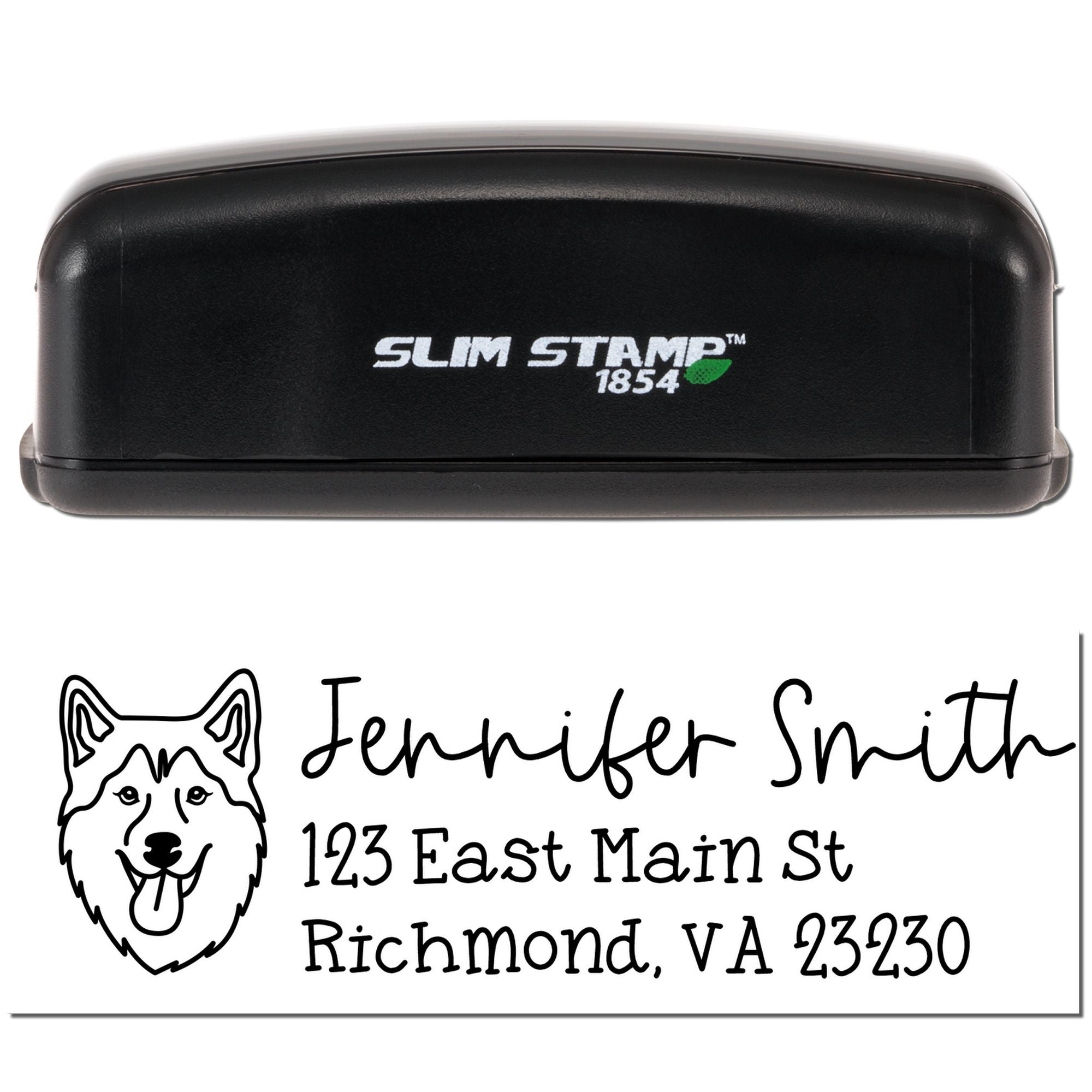 Slim Stamp custom return address rubber stamp with dog portrait for Jennifer Smith, Richmond, VA 23230.