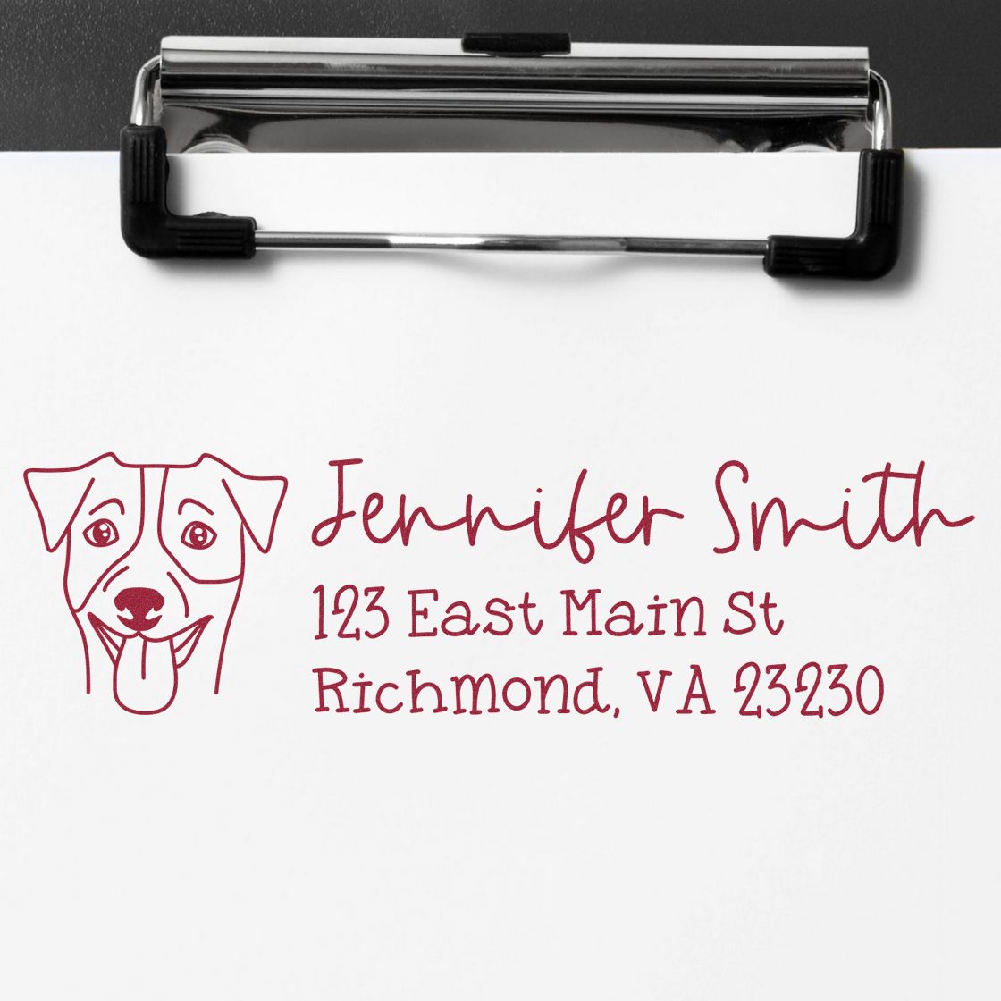 Custom return address rubber stamp with dog logo, Jennifer Smith, and Richmond VA address for envelopes.