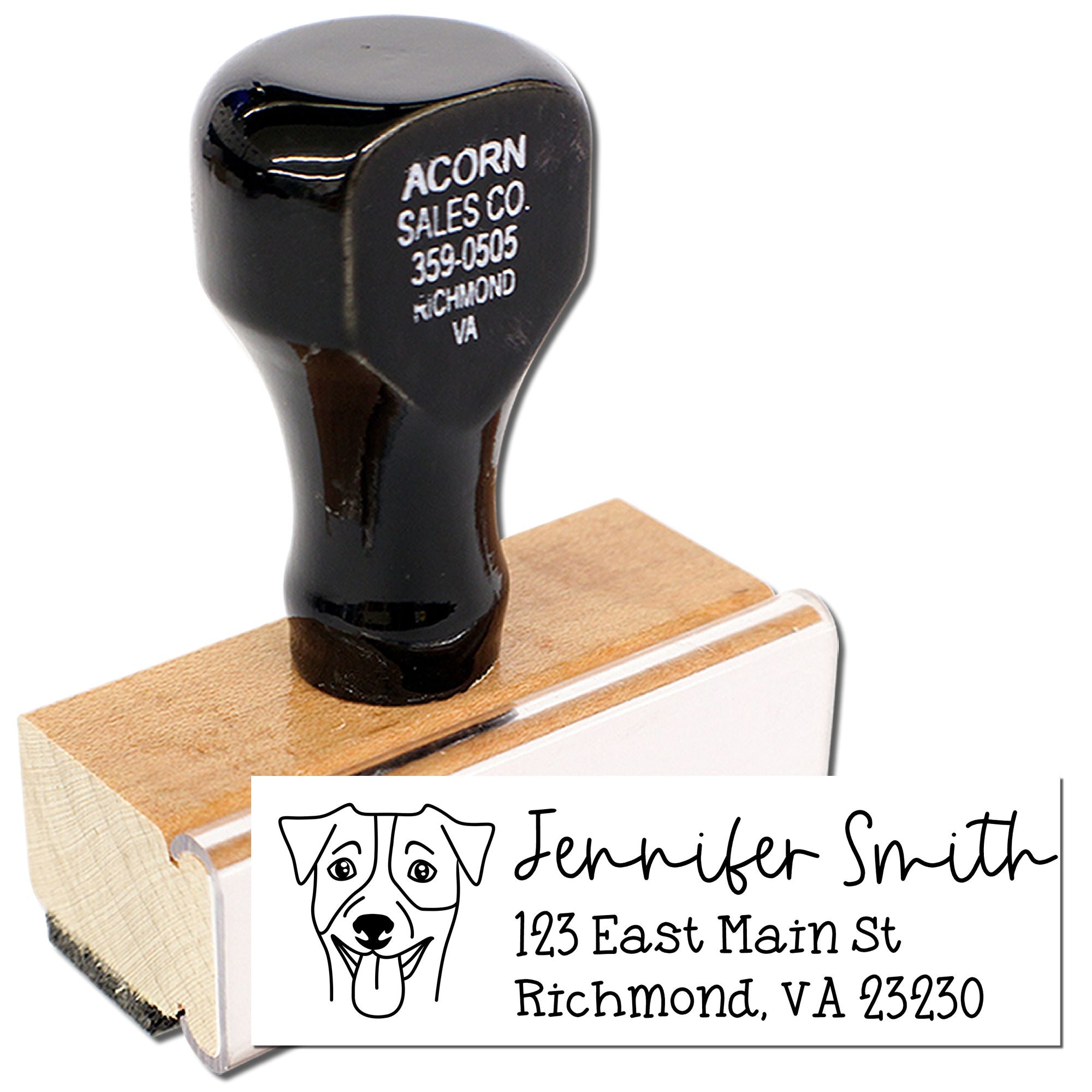Custom dog return address rubber stamp with personalized name and address for mailing envelopes.