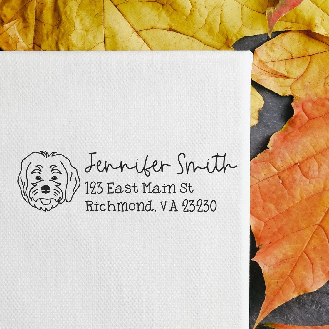 Custom dog return address rubber stamp with name and address, featuring a pet portrait for personalized mailing.