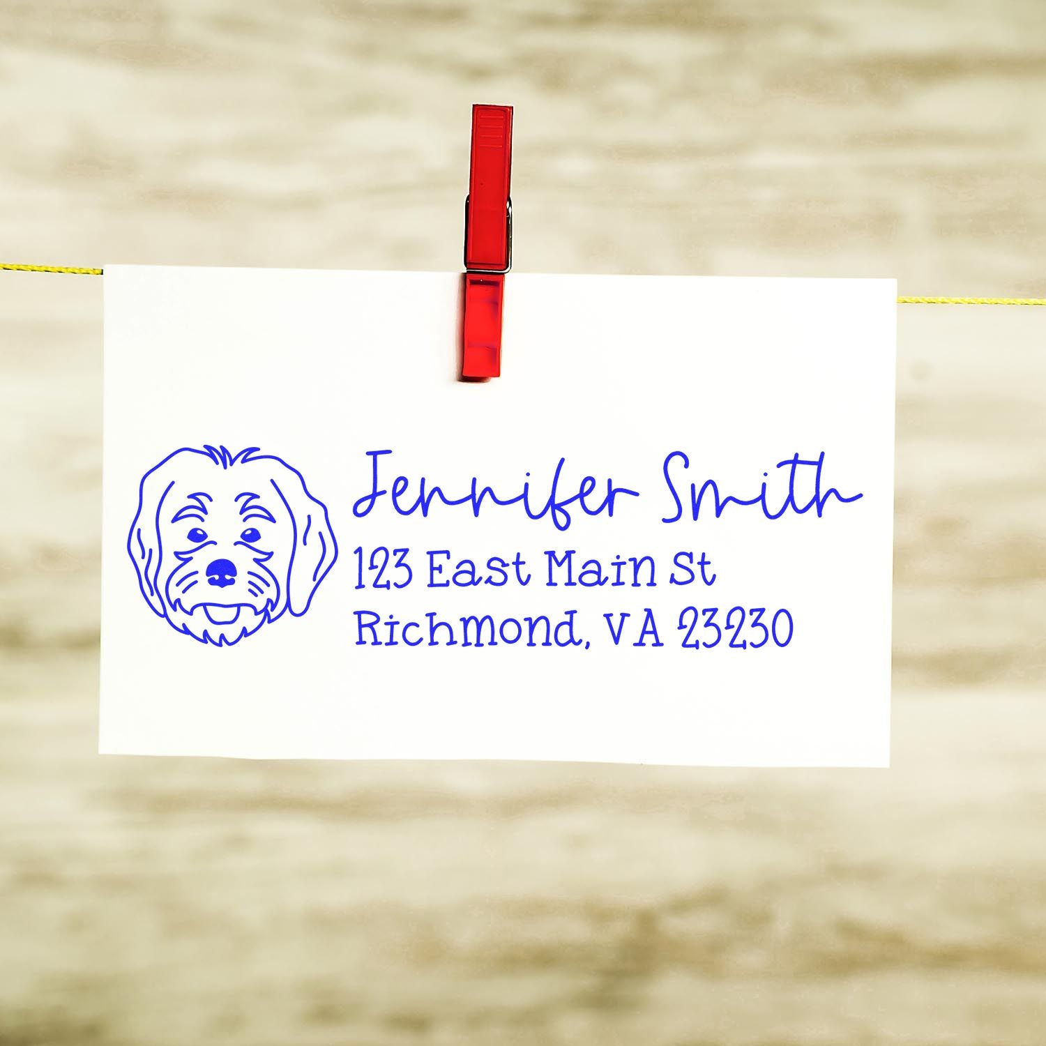 Personalized return address rubber stamp with dog icon for Jennifer Smith, Richmond, VA.