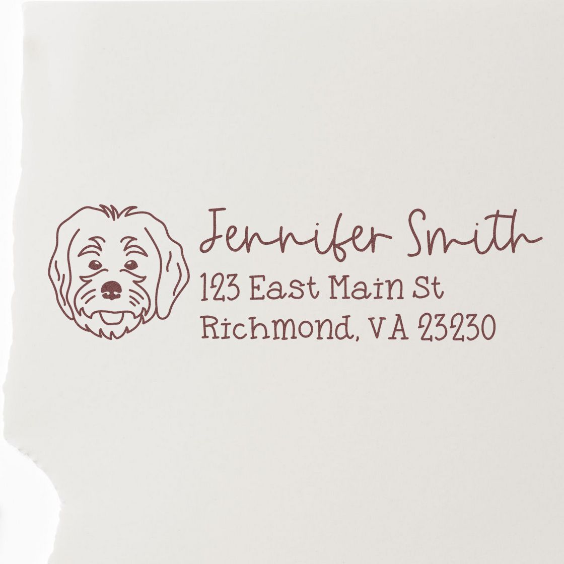 Custom dog return address rubber stamp for Jennifer Smith, 123 East Main St, Richmond, VA 23230.