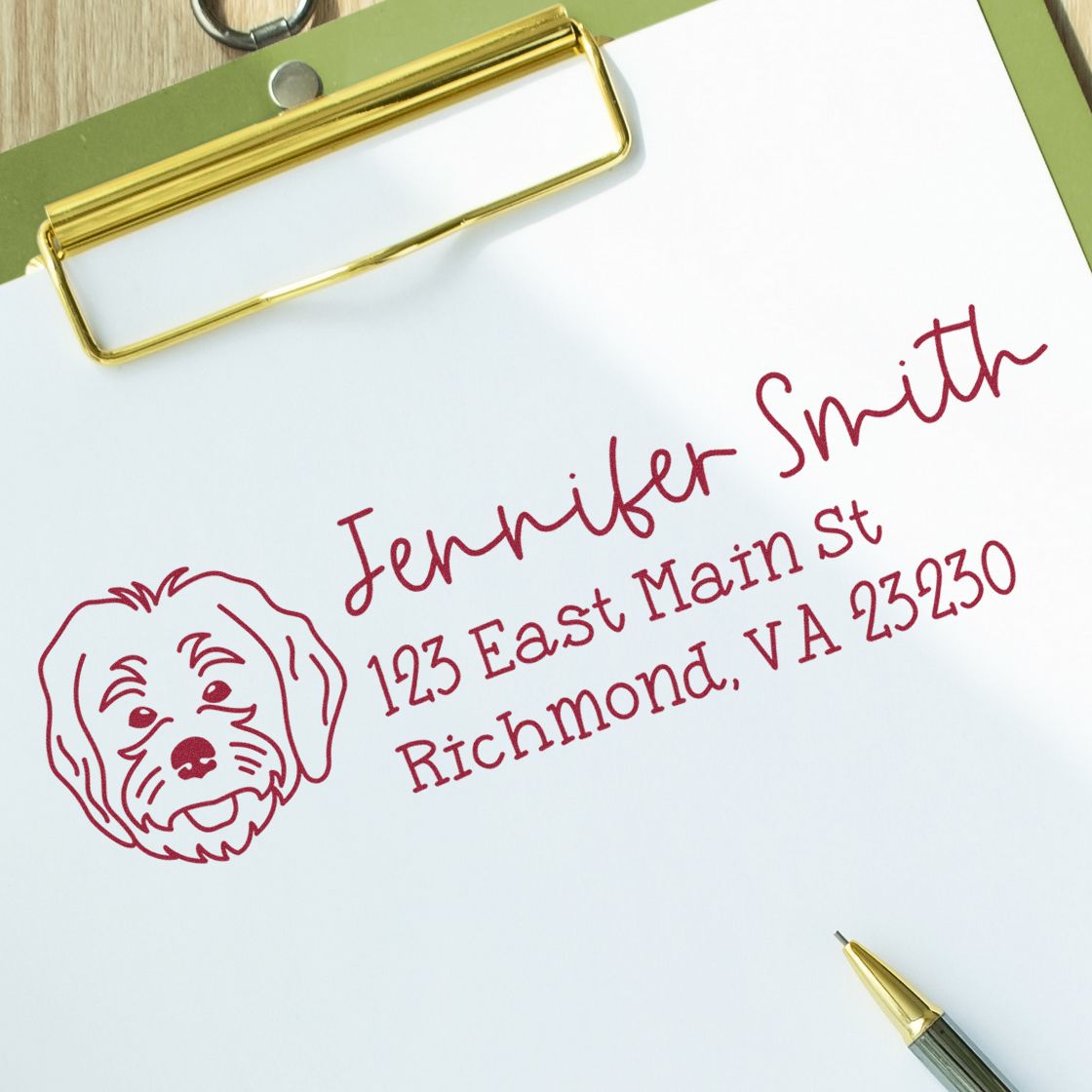 Personalized dog return address rubber stamp with Jennifer Smith name and Richmond, VA address on a clipped sheet.