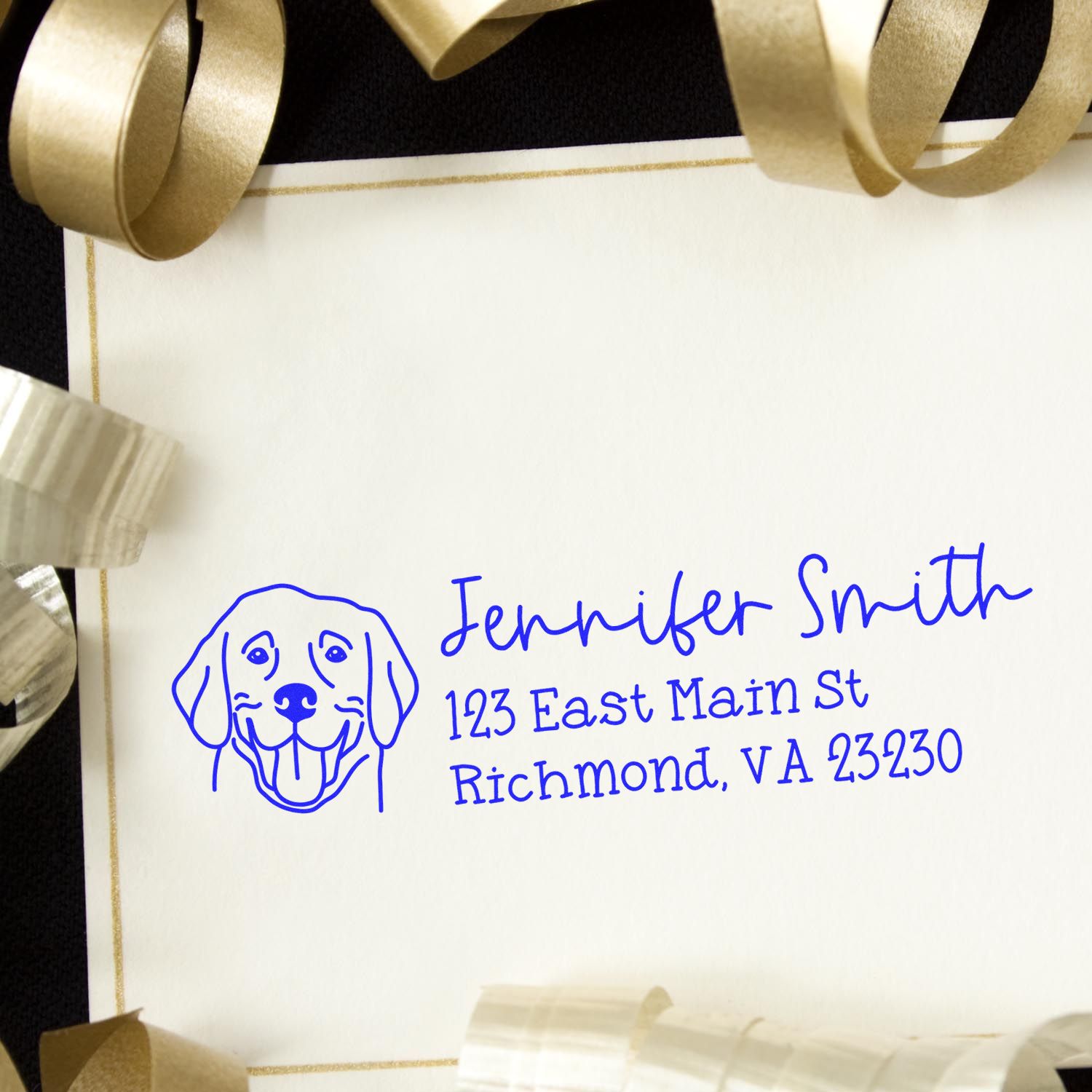 Custom return address rubber stamp with dog illustration and address for personalized pet-themed mail and stationery.