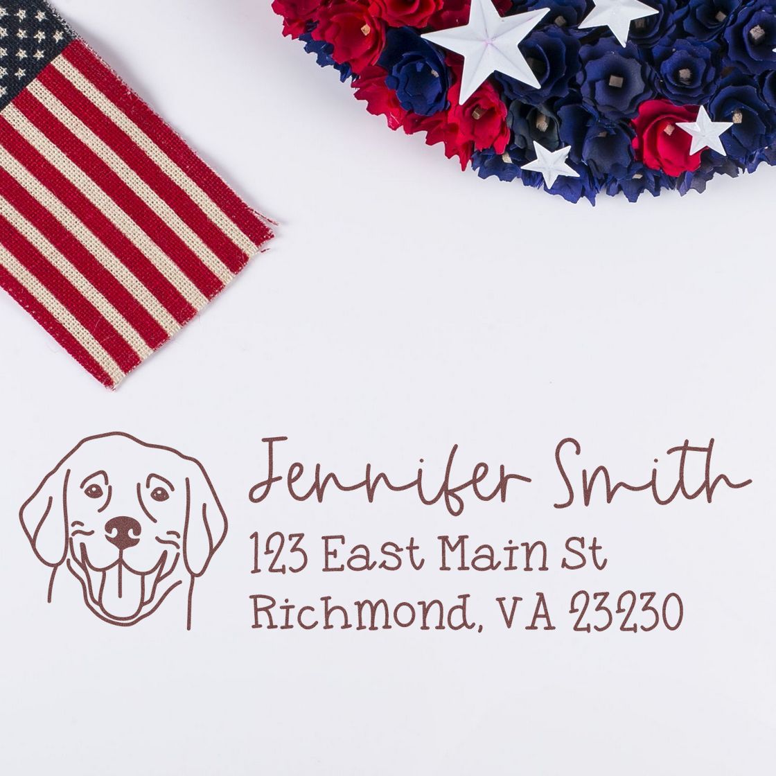 Custom dog address stamp for Jennifer Smith, featuring pet portrait and Richmond, VA return address for mailing envelopes.