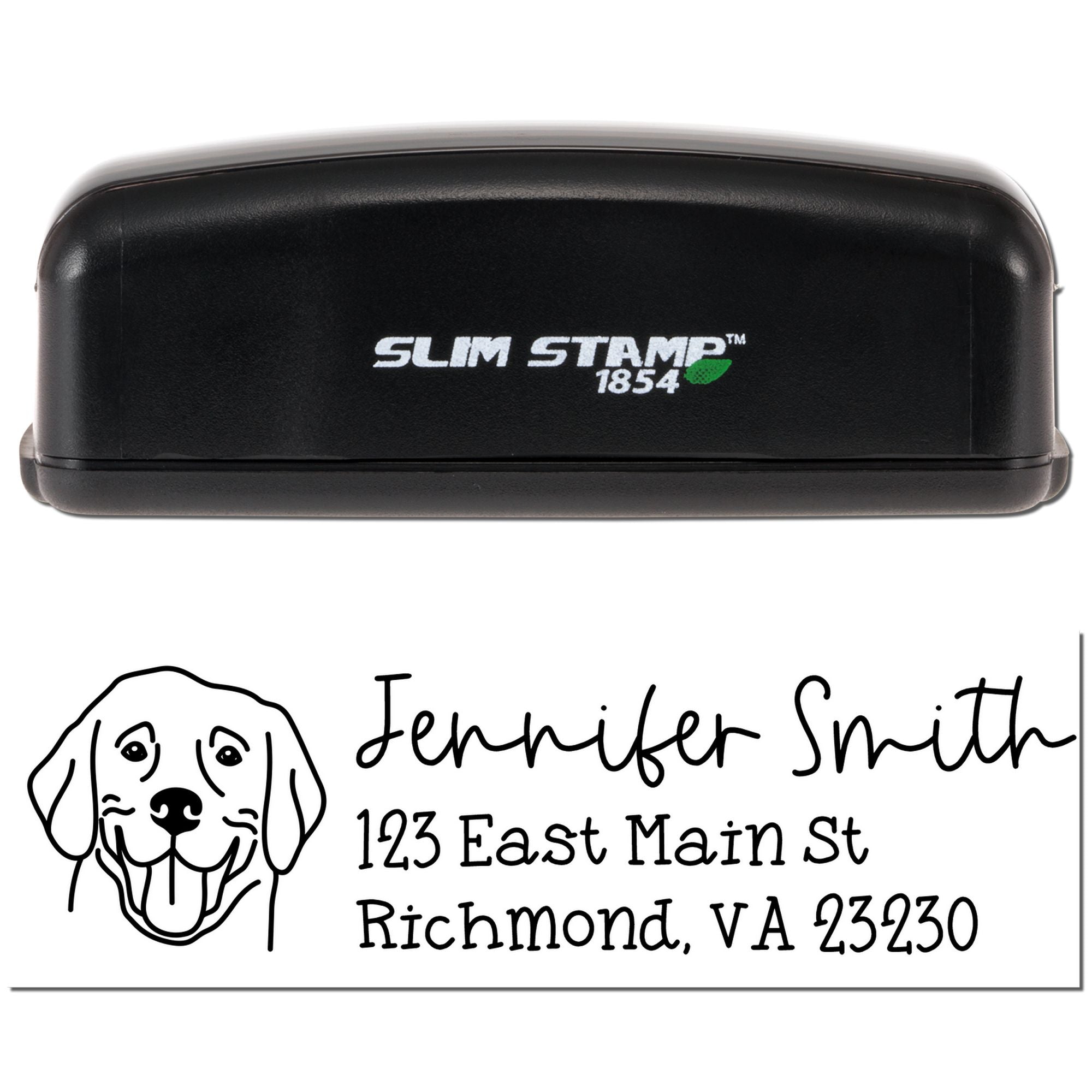 Slim Stamp 1854 custom self-inking rubber address stamp with dog logo, Jennifer Smith name, and Richmond, VA return address.