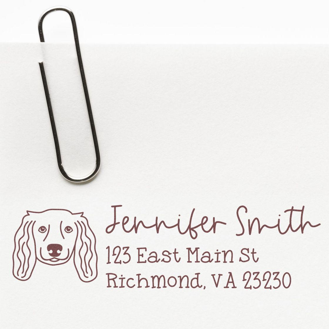 Personalized return address rubber stamp with dog logo, Jennifer Smith, Richmond, VA, for mailing envelopes.