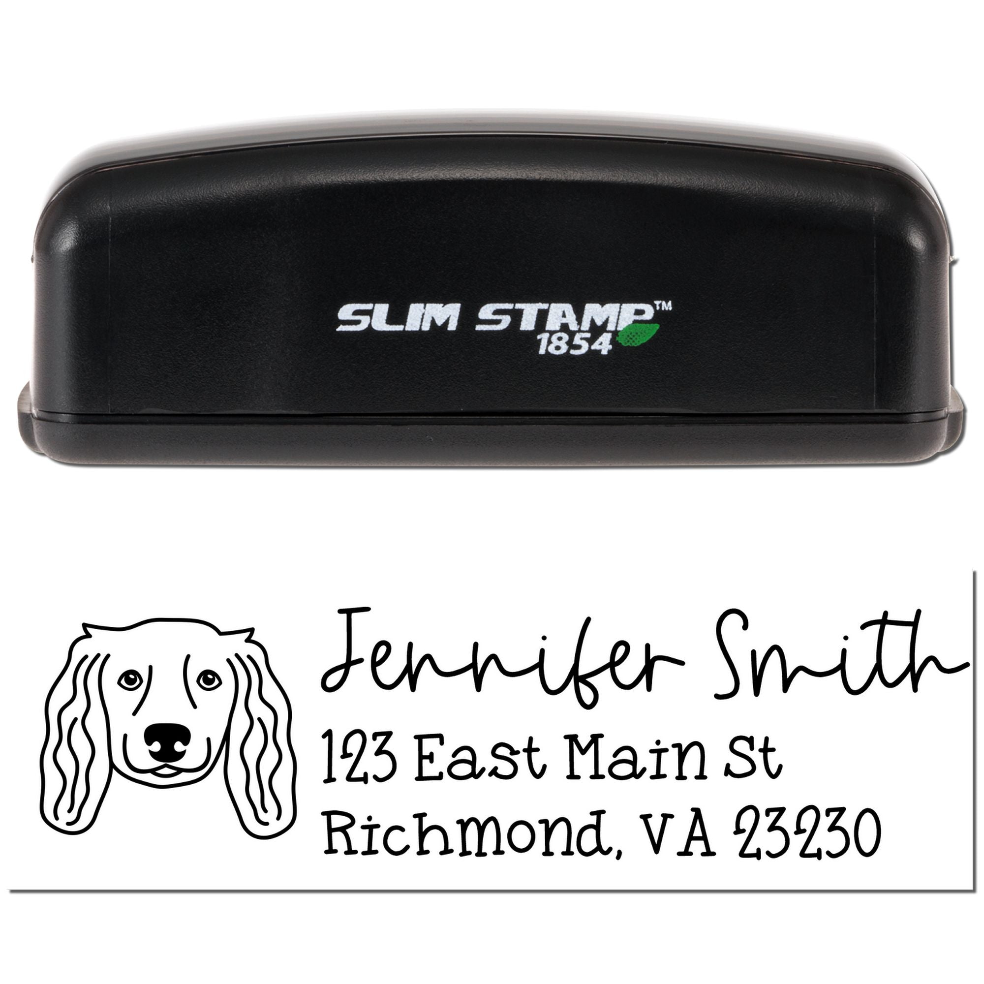 Custom return address rubber stamp with dog logo, Jennifer Smith name, and Richmond, VA address for mailing labels.