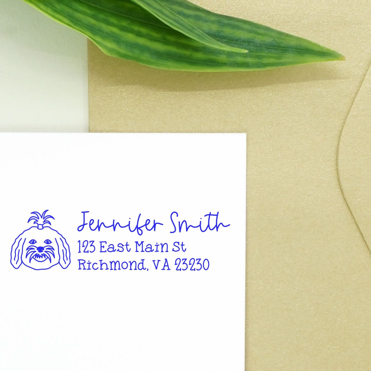Personalized dog address rubber stamp for Jennifer Smith, Richmond VA, printed in blue ink on white card.