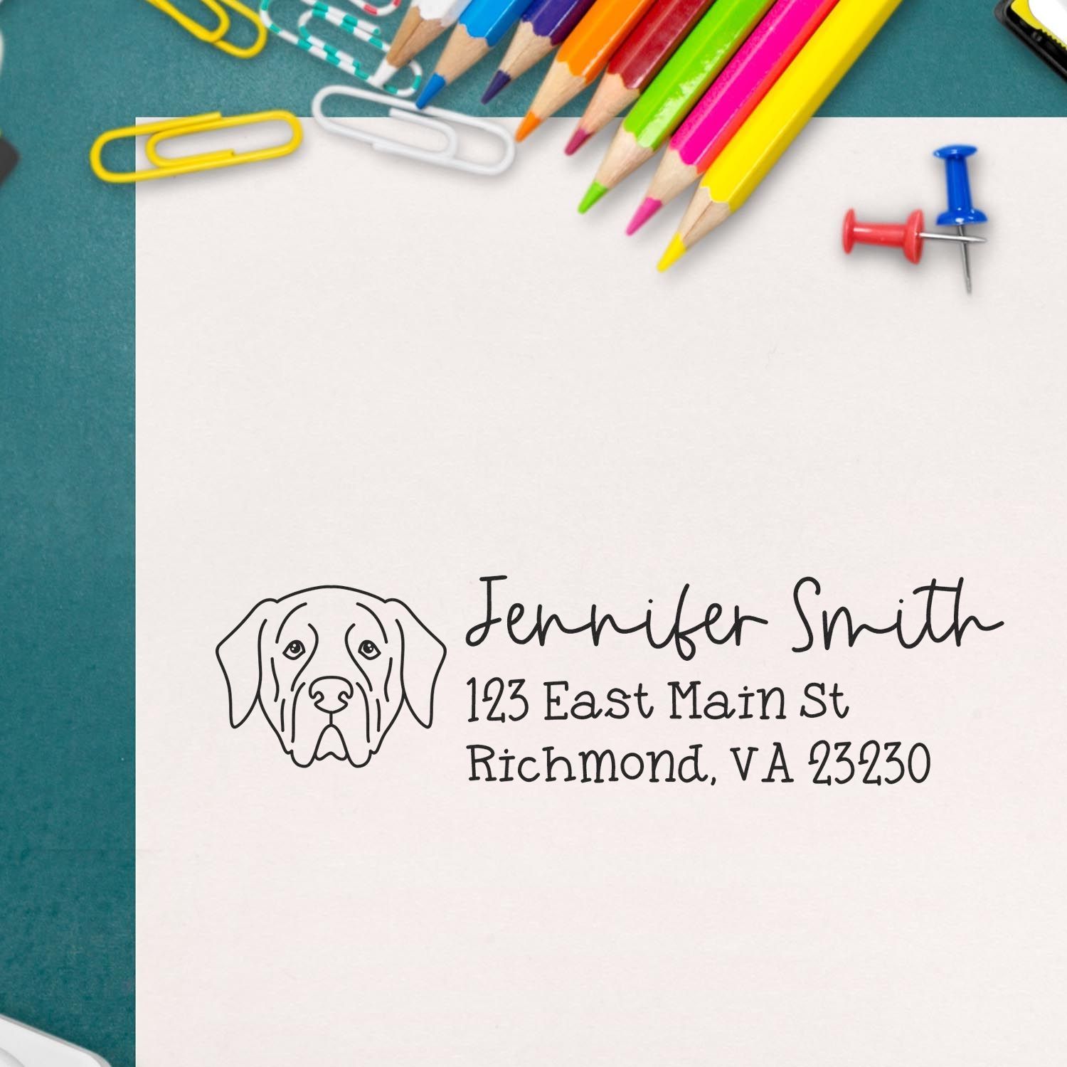 Personalized dog return address rubber stamp on envelope, featuring name and Richmond, VA address for custom mailing.
