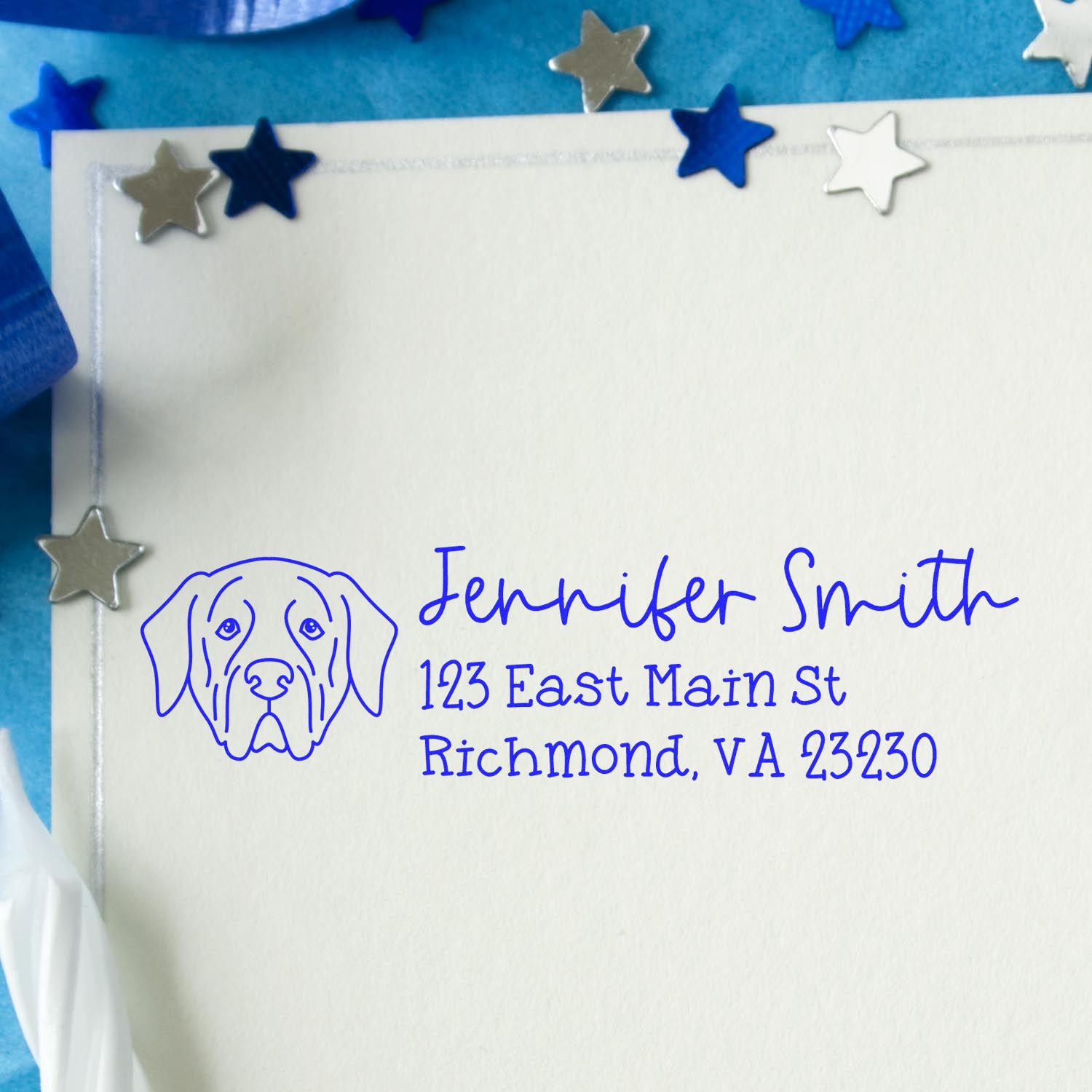 Personalized dog return address rubber stamp for Jennifer Smith, with Richmond, VA address on envelope.