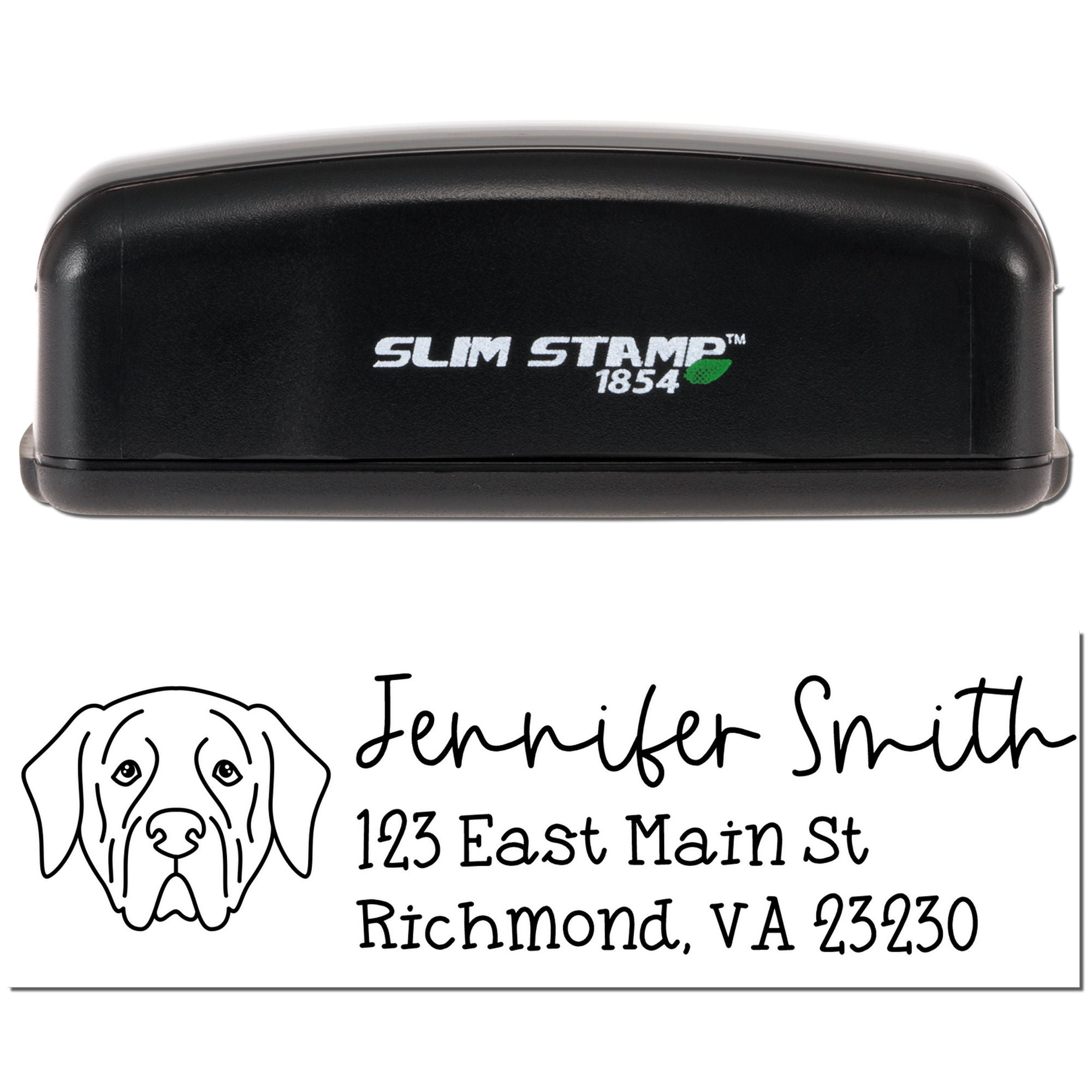 Slim Stamp 1854 custom rubber stamp with dog logo and return address for Jennifer Smith, Richmond, VA 23230.