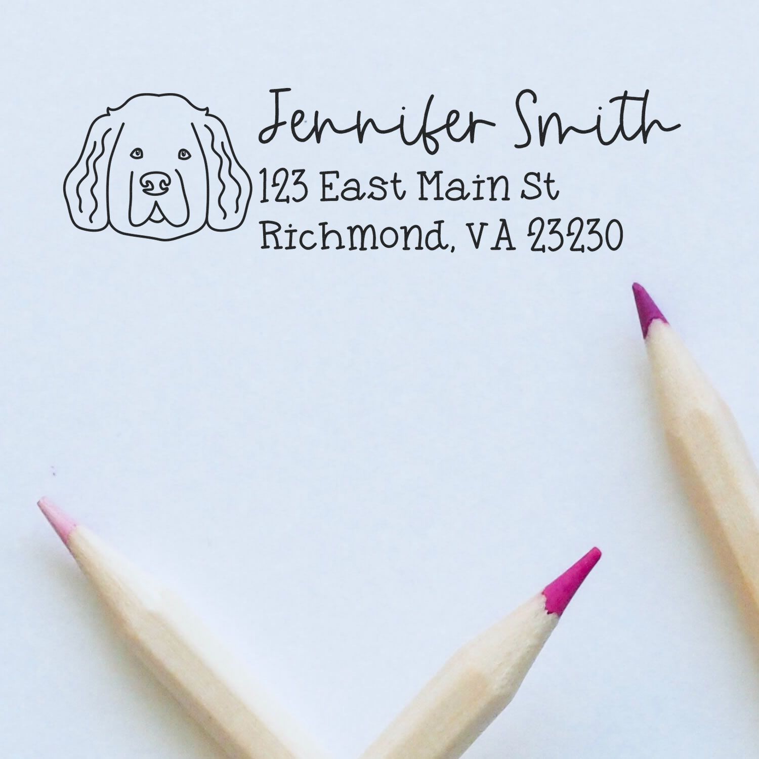 Custom dog address rubber stamp with Jennifer Smith name and Richmond, VA return address.