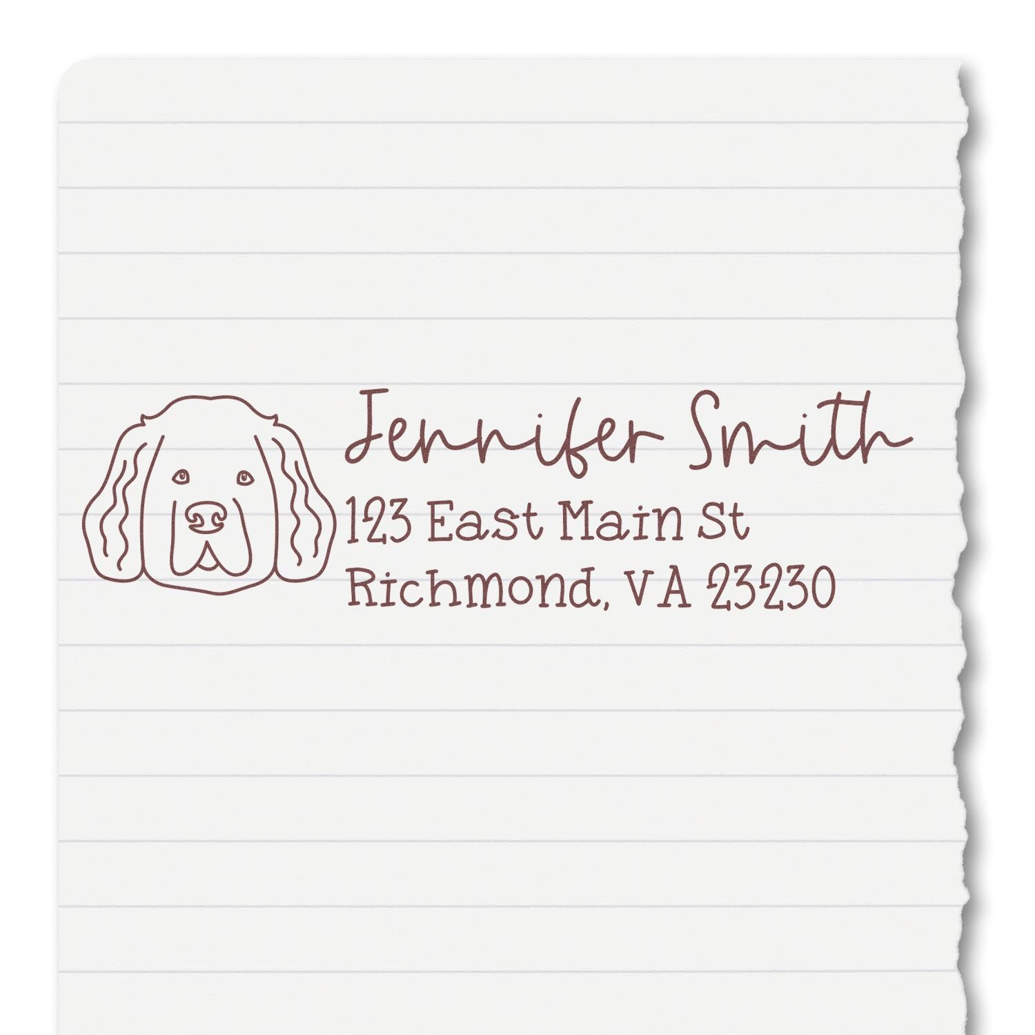 Personalized dog address rubber stamp with custom pet illustration, Jennifer Smith, Richmond, VA 23230