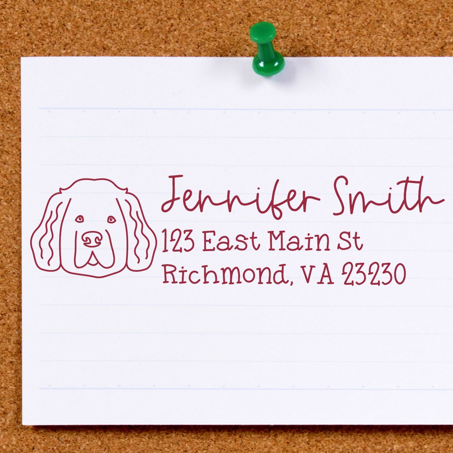 Custom dog address rubber stamp with name and Richmond, VA return address for personalized mailings.