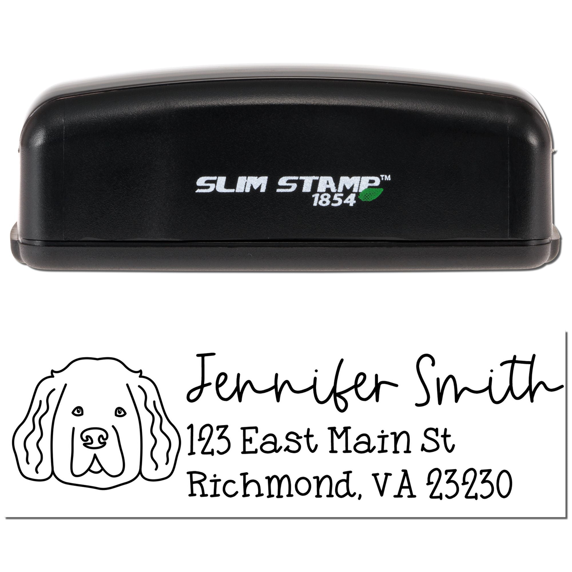 Personalized self-inking rubber address stamp with dog logo, Jennifer Smith, and Richmond VA 23230 sample.