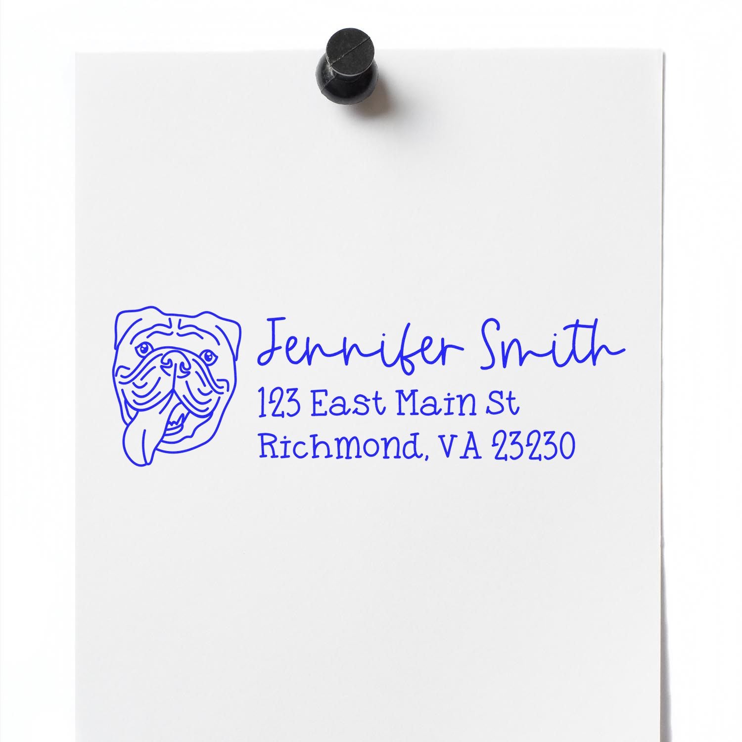 Custom bulldog return address rubber stamp with name and Richmond, VA mailing address