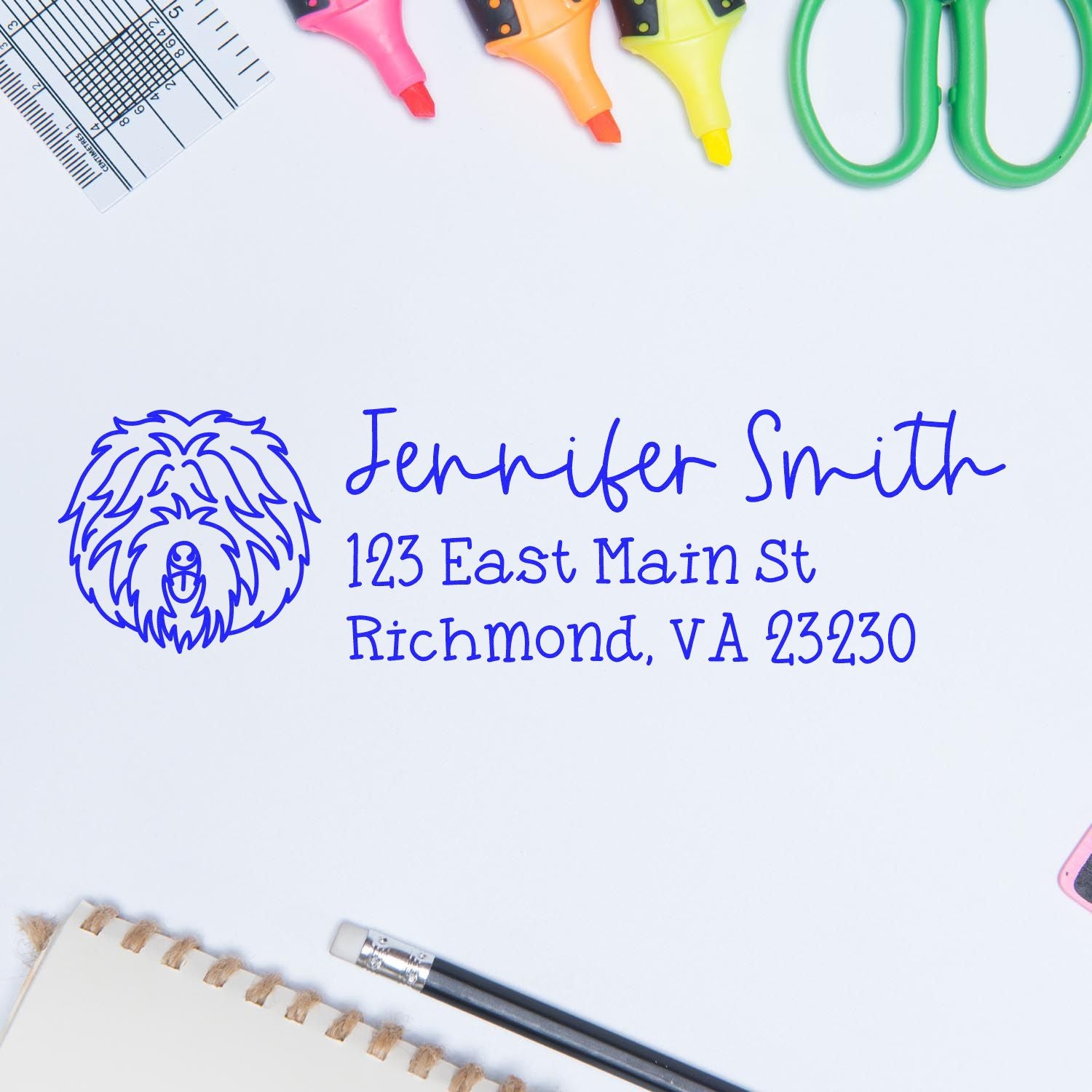 Custom rubber return address stamp with dog logo, Jennifer Smith, and Richmond, VA address for personalized mailing.