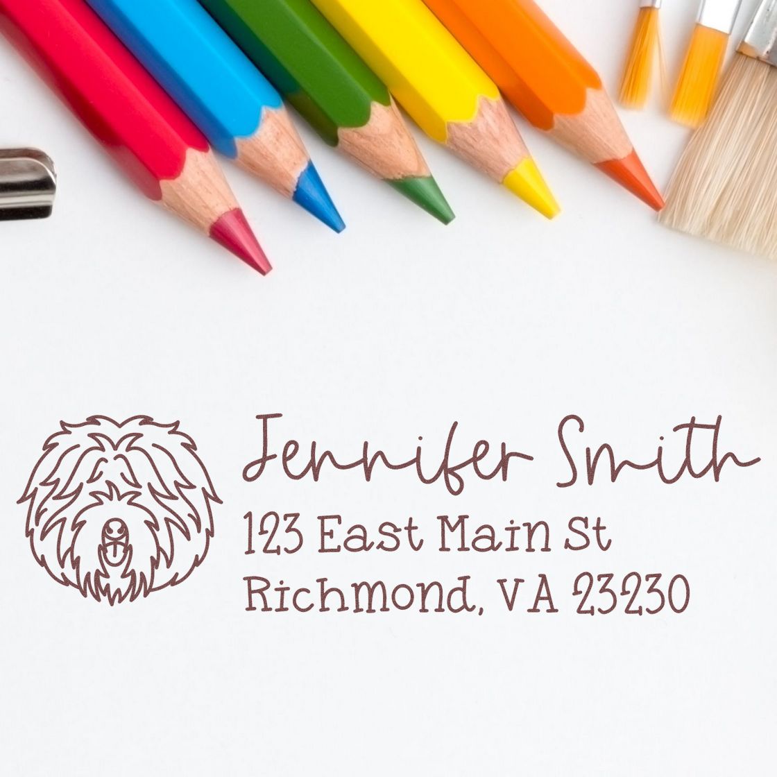 Custom return address rubber stamp with logo and Richmond, VA address, shown as a stamp proof.
