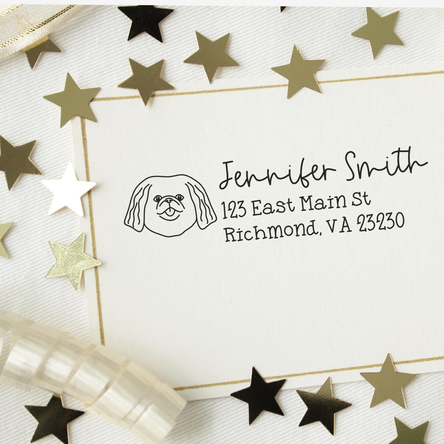 Custom dog return address rubber stamp for envelopes, featuring a pet portrait, name, and street address.