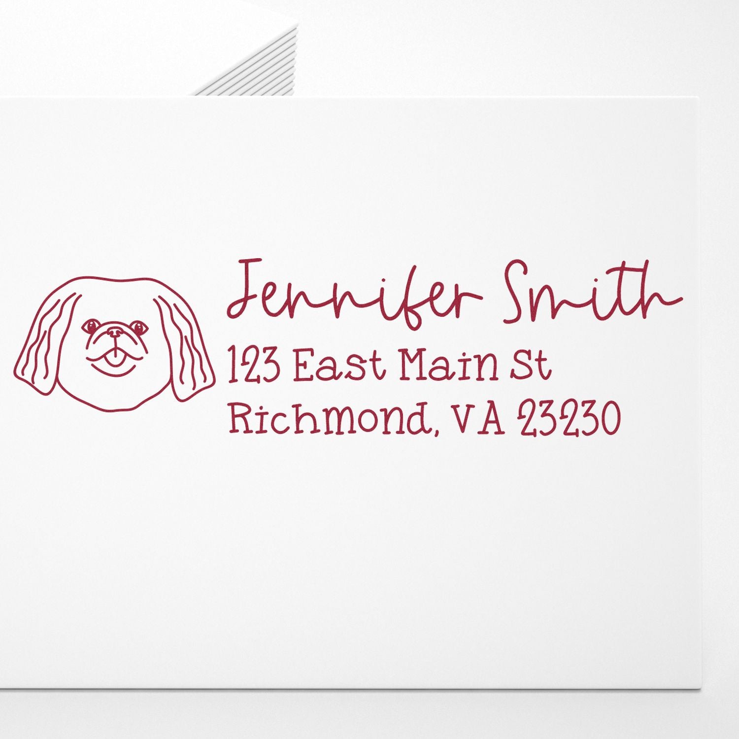 Custom dog return address rubber stamp for Jennifer Smith, featuring name and Richmond, VA address for envelopes.