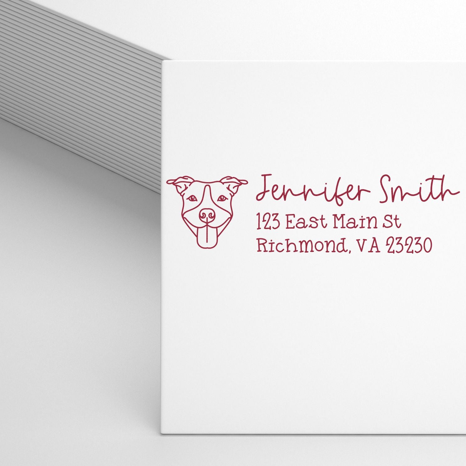Custom dog return address rubber stamp for envelopes with personalized name and Richmond, VA address.