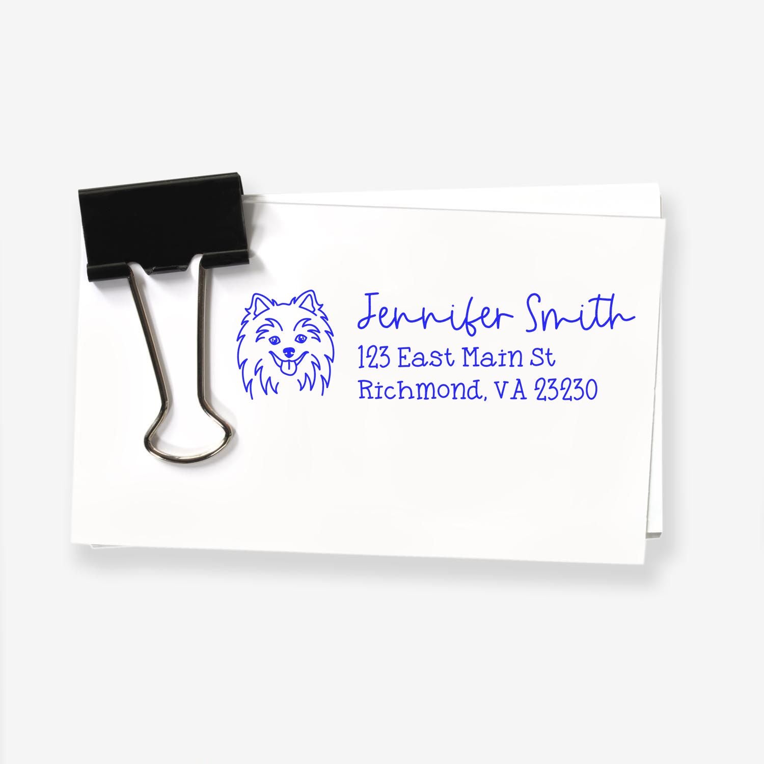 Personalized return address rubber stamp with dog logo for Jennifer Smith, Richmond, VA 23230.
