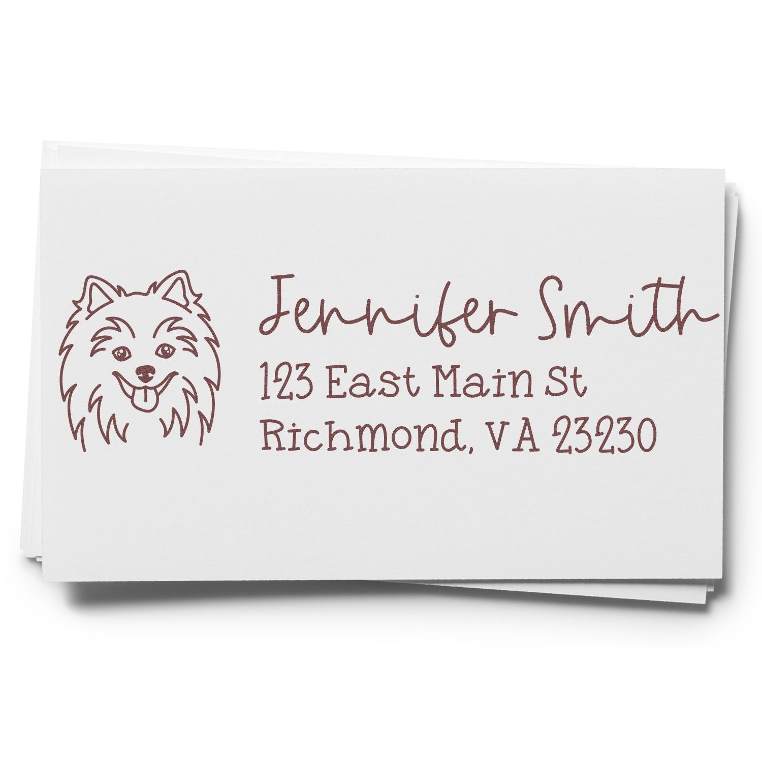 Personalized dog return address rubber stamp with custom name, street address, and Richmond, VA mailing details.