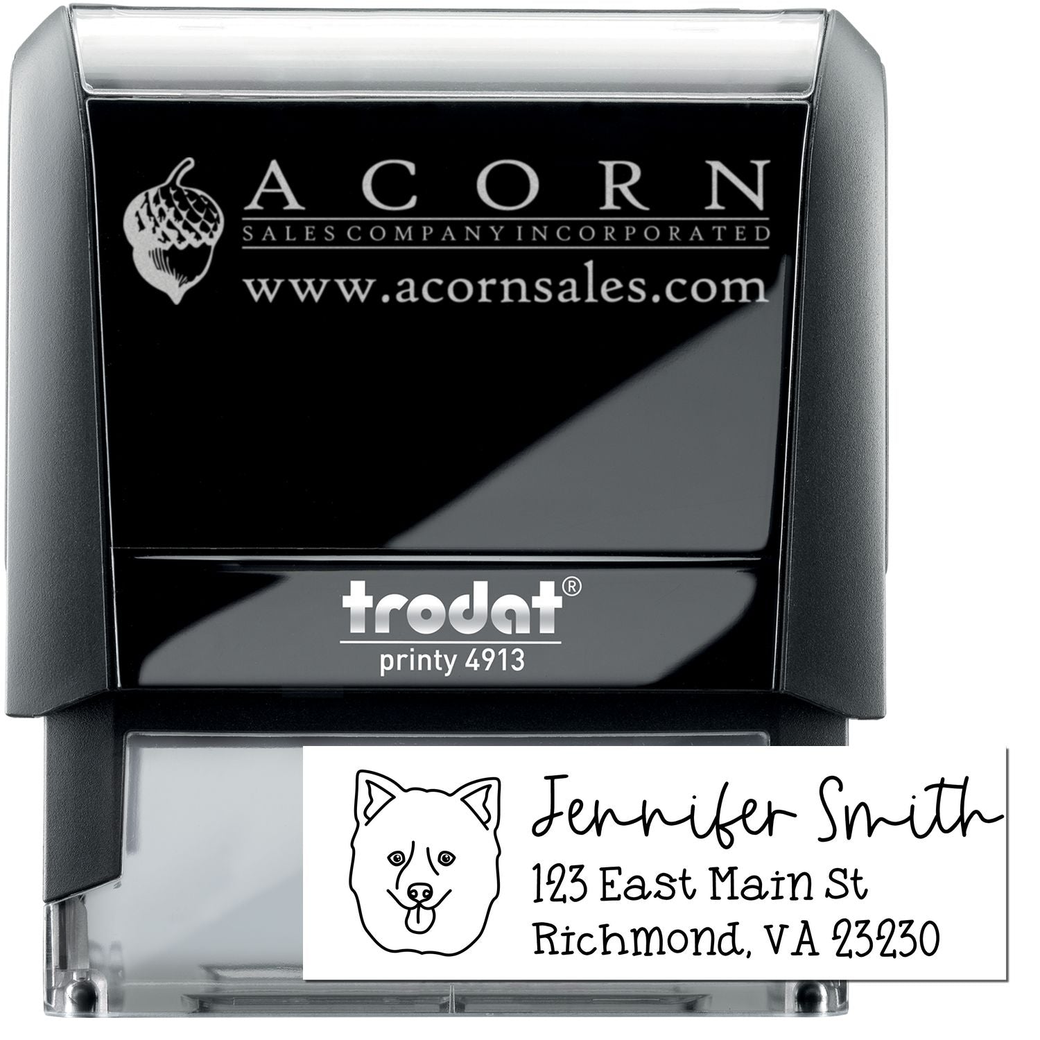 Custom self-inking rubber stamp with logo, website, and address example on Trodat Printy 4913 for business branding.