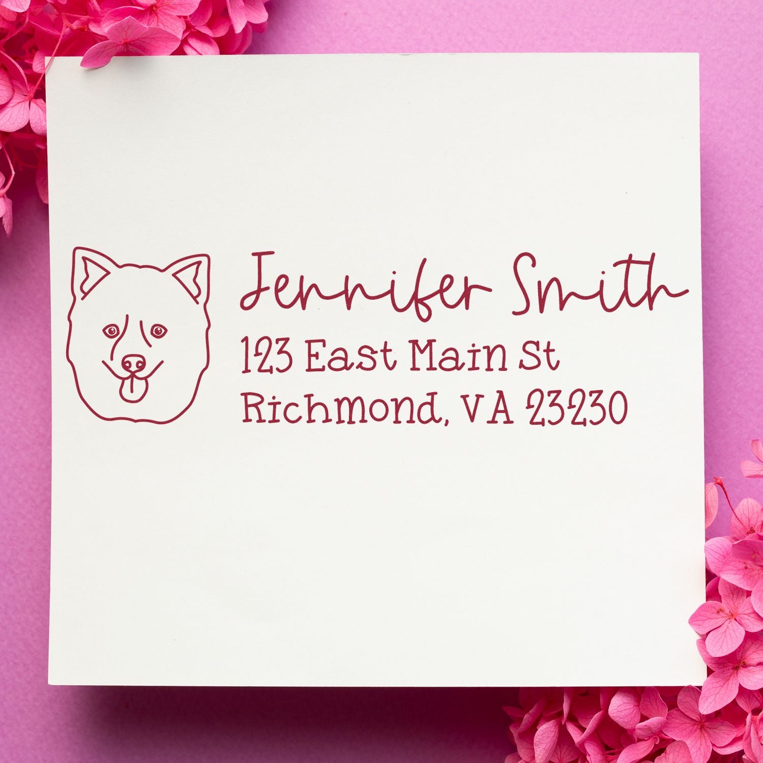 Custom dog return address rubber stamp with Jennifer Smith, 123 East Main St, Richmond, VA 23230.