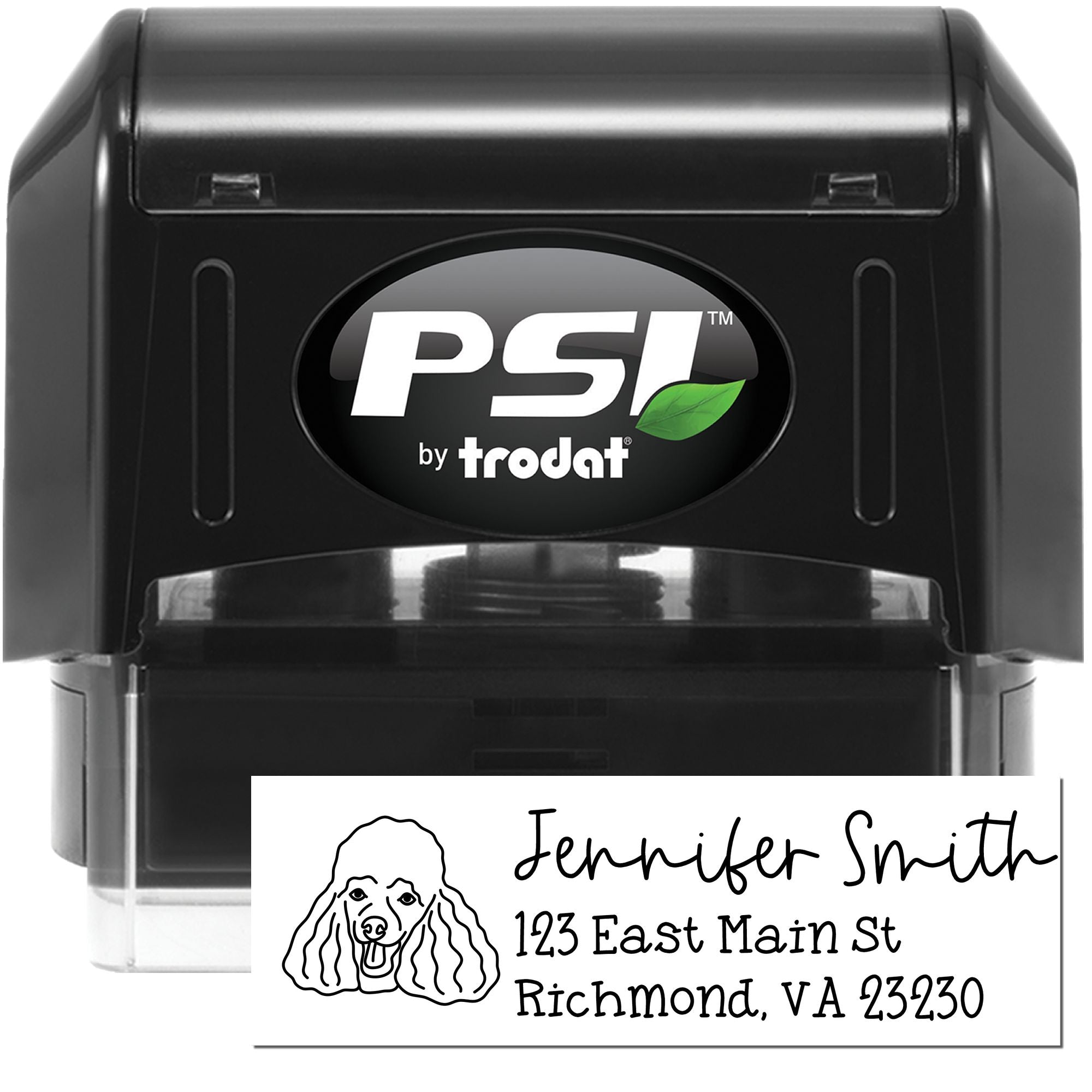 Custom self-inking rubber address stamp with dog portrait and return address, PSI by Trodat