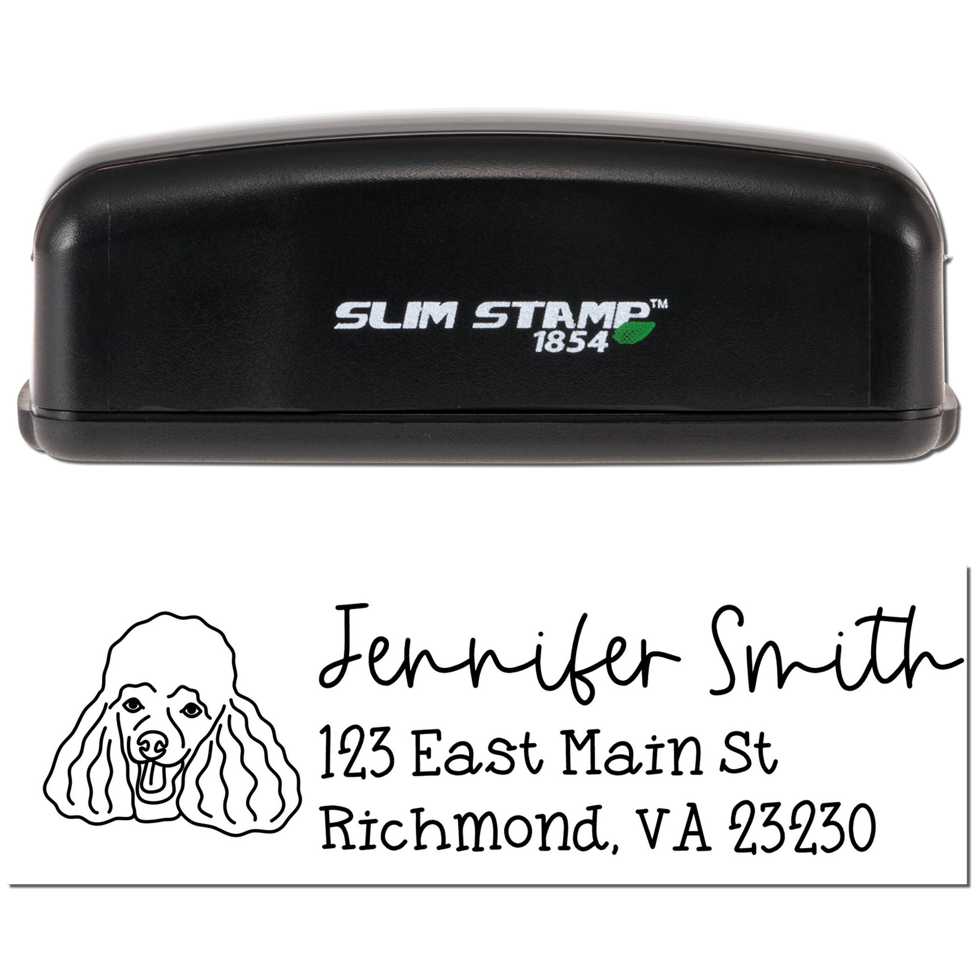 Custom self-inking rubber address stamp with dog logo, Jennifer Smith name, and Richmond, VA address in Slim Stamp 1854 case.