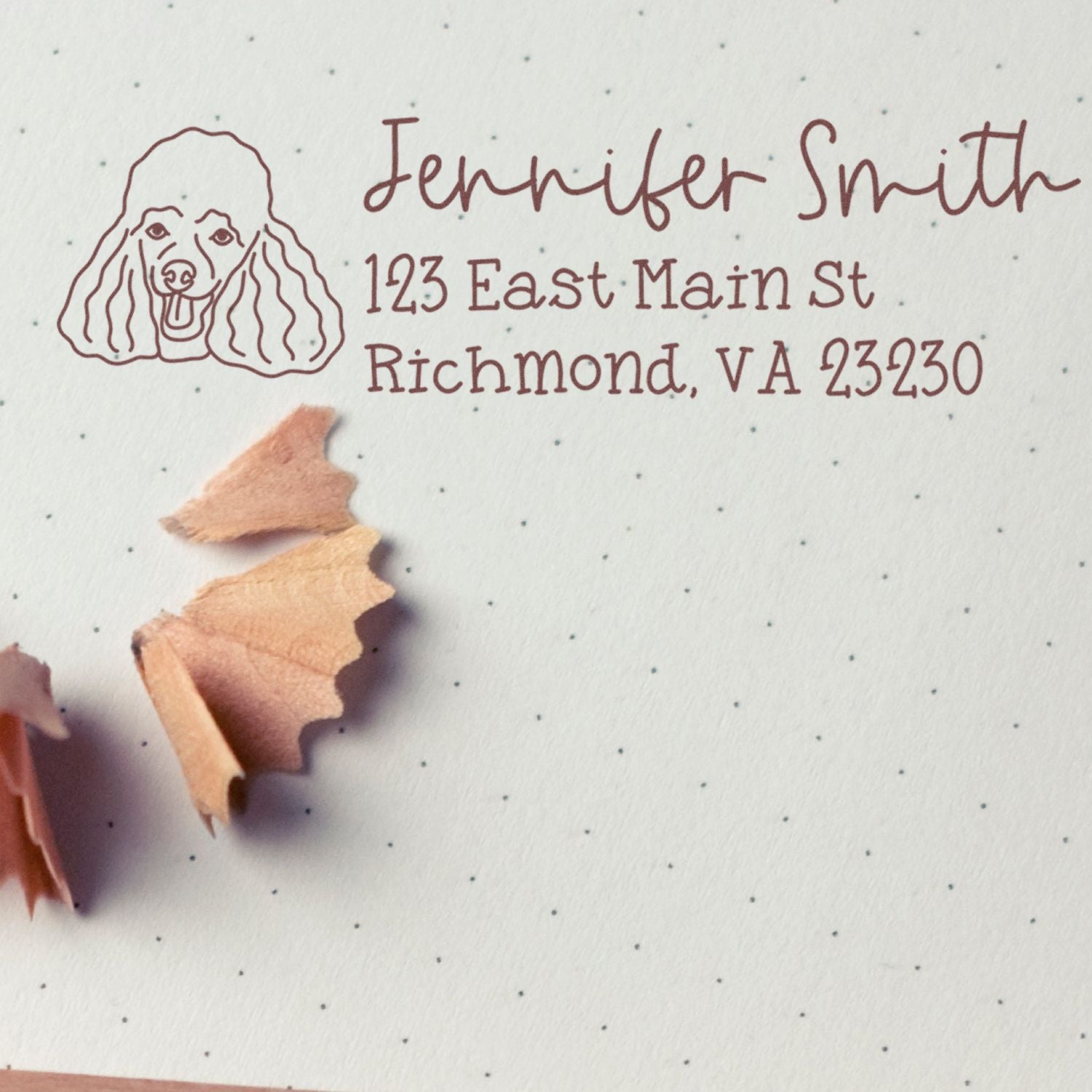 Custom poodle return address rubber stamp for Jennifer Smith, Richmond, VA 23230